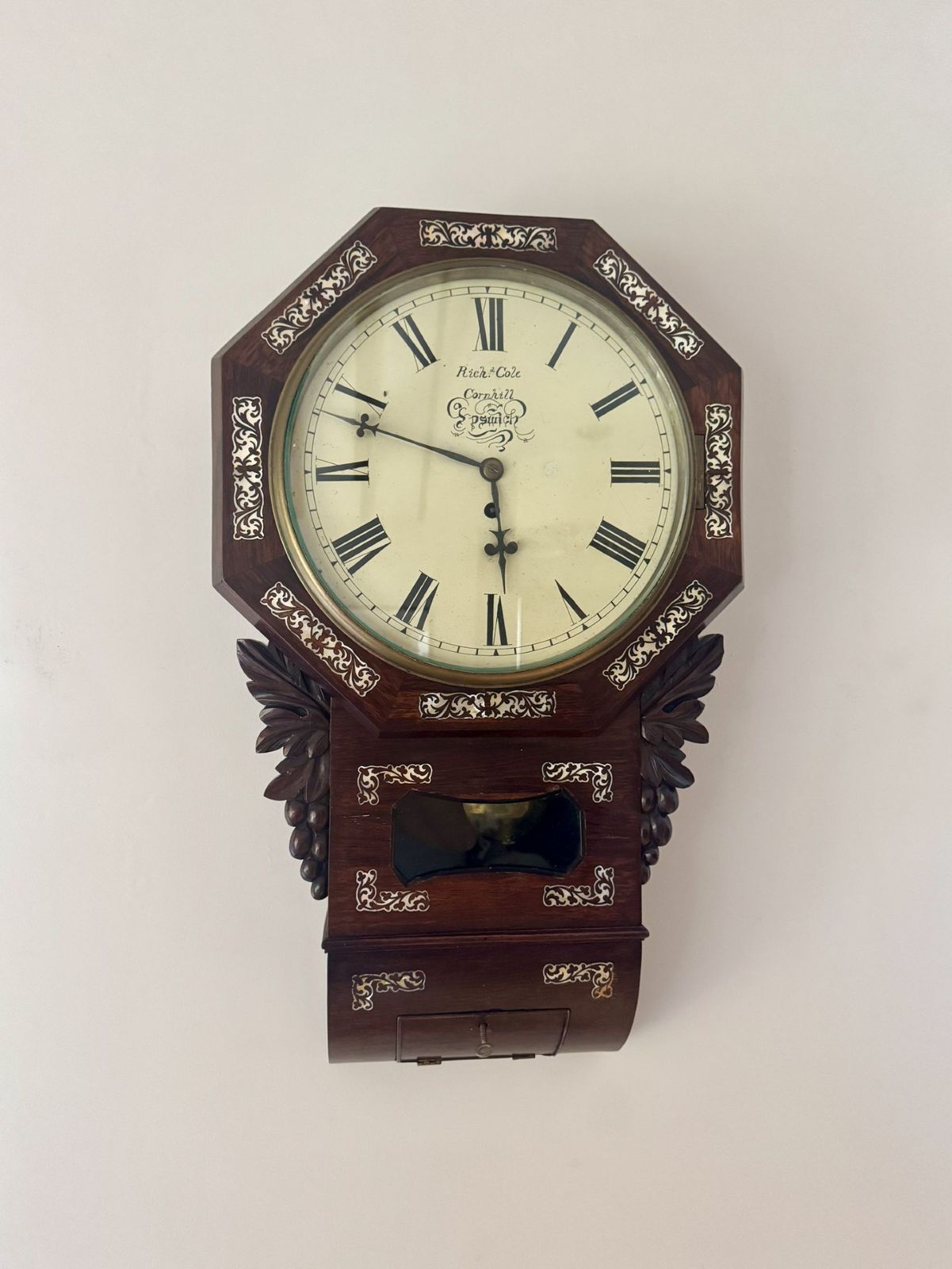 Quality Antique 19th Century Rosewood Inlaid Drop Dial Wall Clock photo for sale