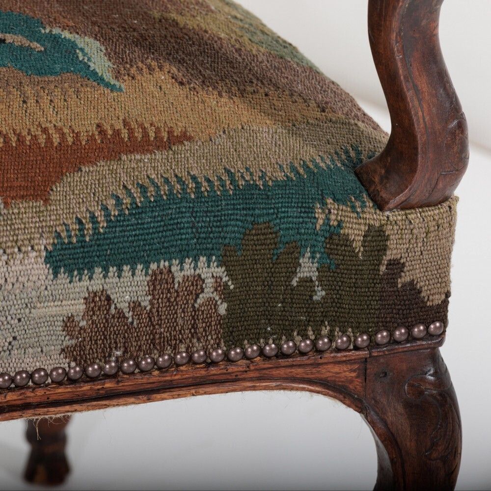 18th Century Walnut French Open Armchair In 19th Century Wild Strawberry Tapestry photo vintage