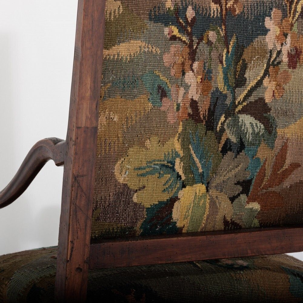 photo for sale 18th Century Walnut French Open Armchair In 19th Century Wild Strawberry Tapestry
