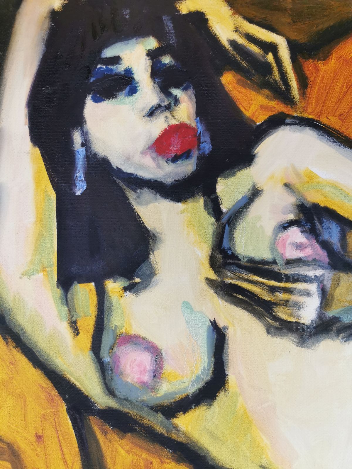 Gernot Kissel German 1939 2008, Reclining Nude Lady In Yellow Thigh High Boots, Original Large Oil On Canvas, Signed, Unframed photo Art