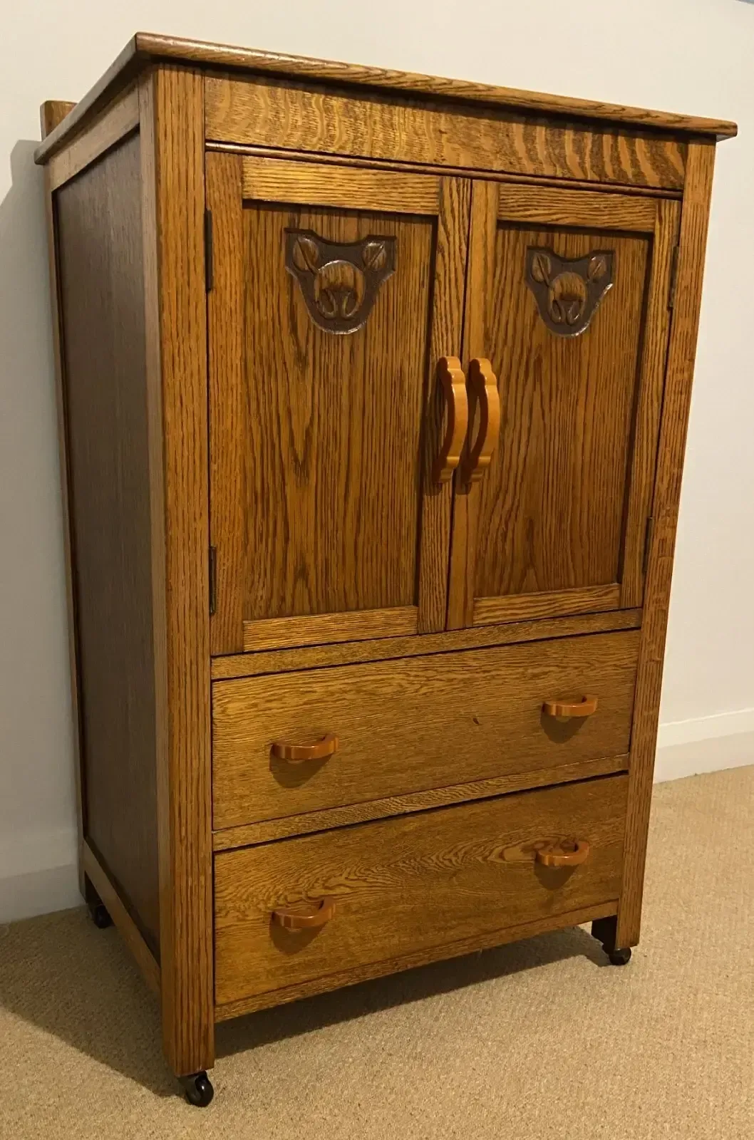 Art Deco 1930's Golden Oak Cabinet/Compactum On Castors With Bakelite Handles