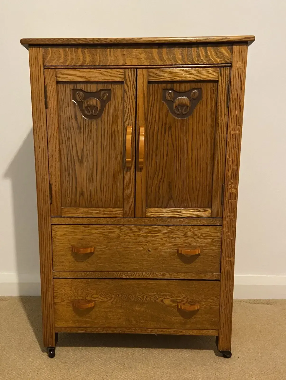 Art Deco 1930's Golden Oak Cabinet/Compactum On Castors With Bakelite Handles photo furniture