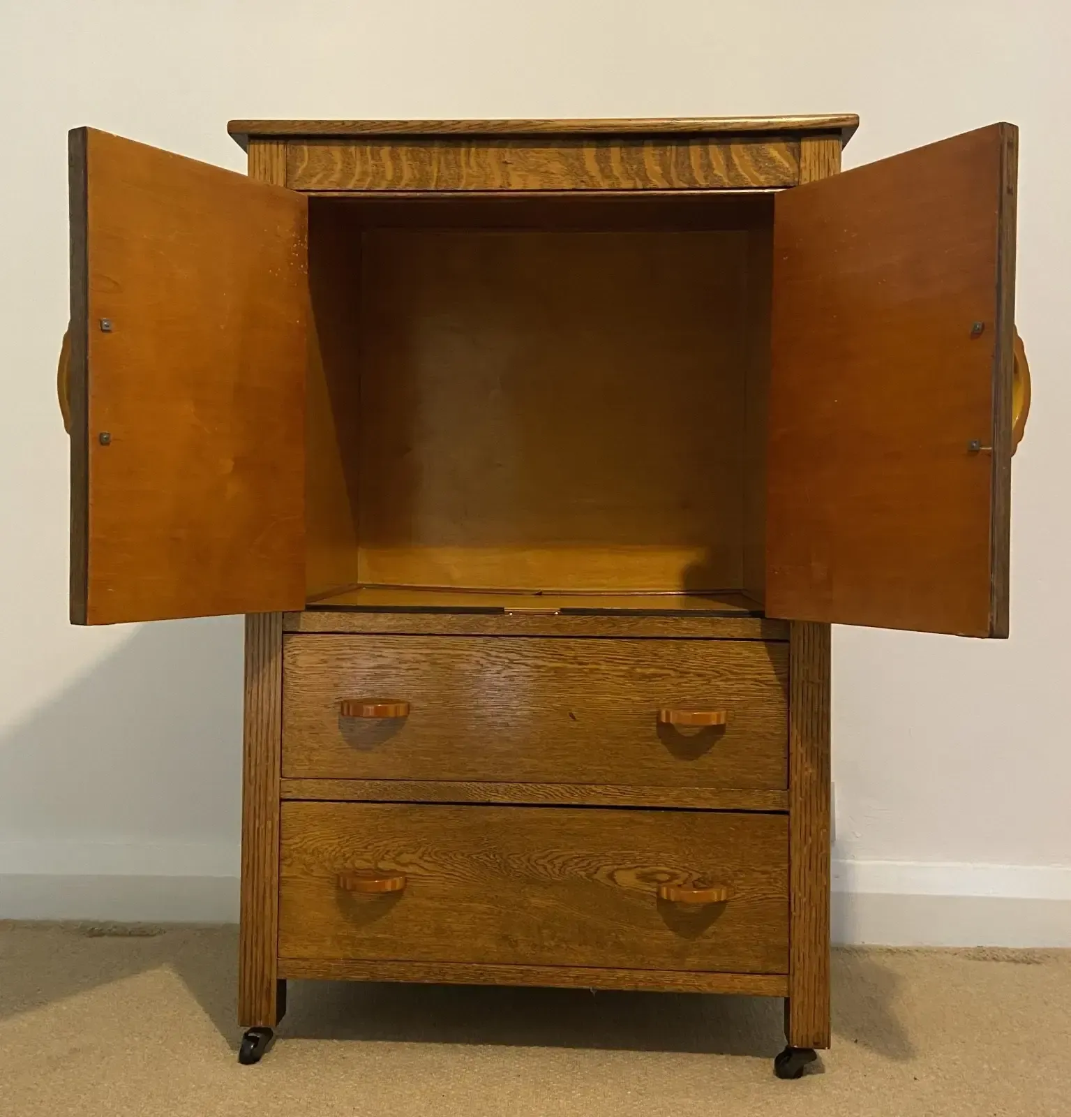 Art Deco 1930's Golden Oak Cabinet/Compactum On Castors With Bakelite Handles photo for sale