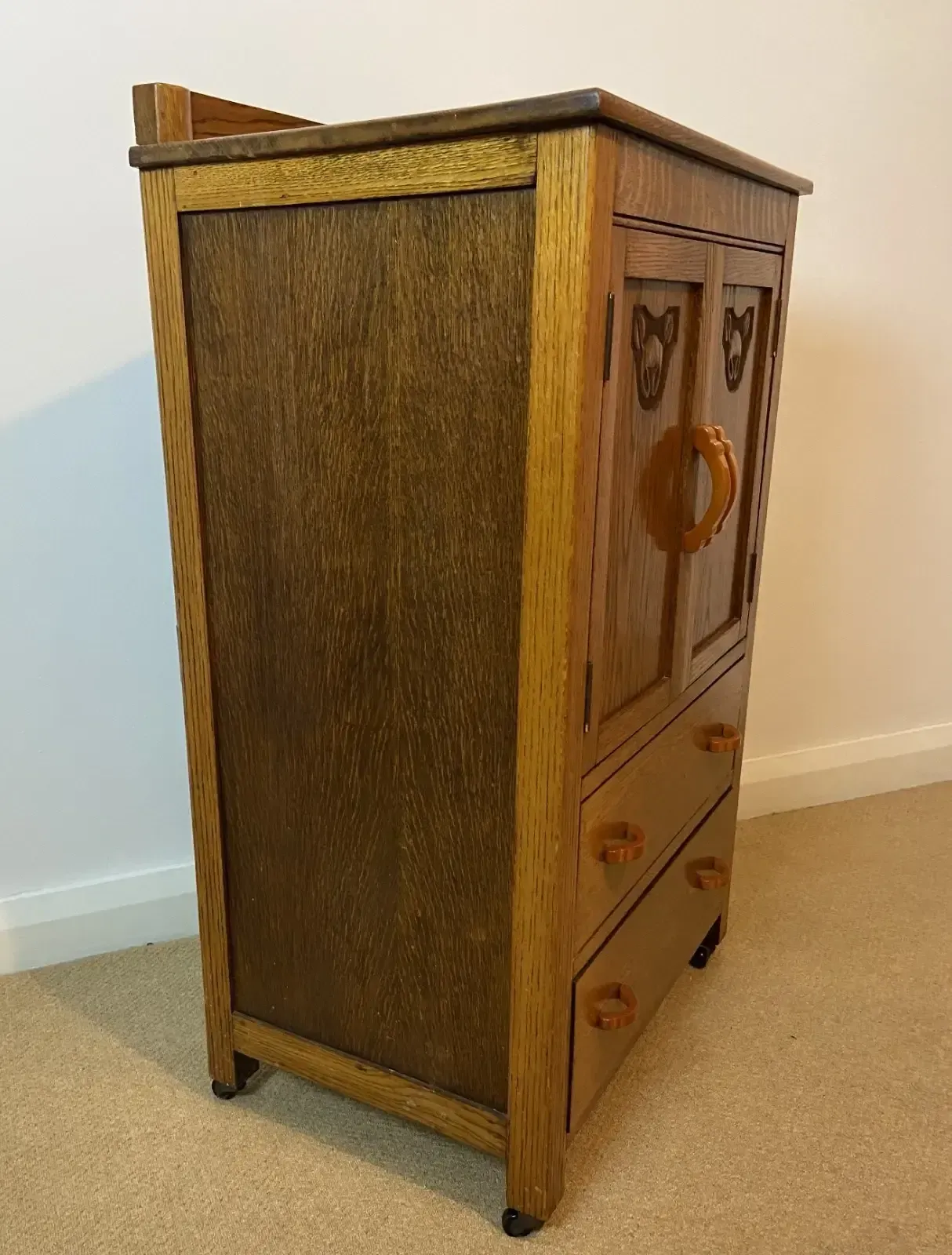 Art Deco 1930's Golden Oak Cabinet/Compactum On Castors With Bakelite Handles photo 495.0