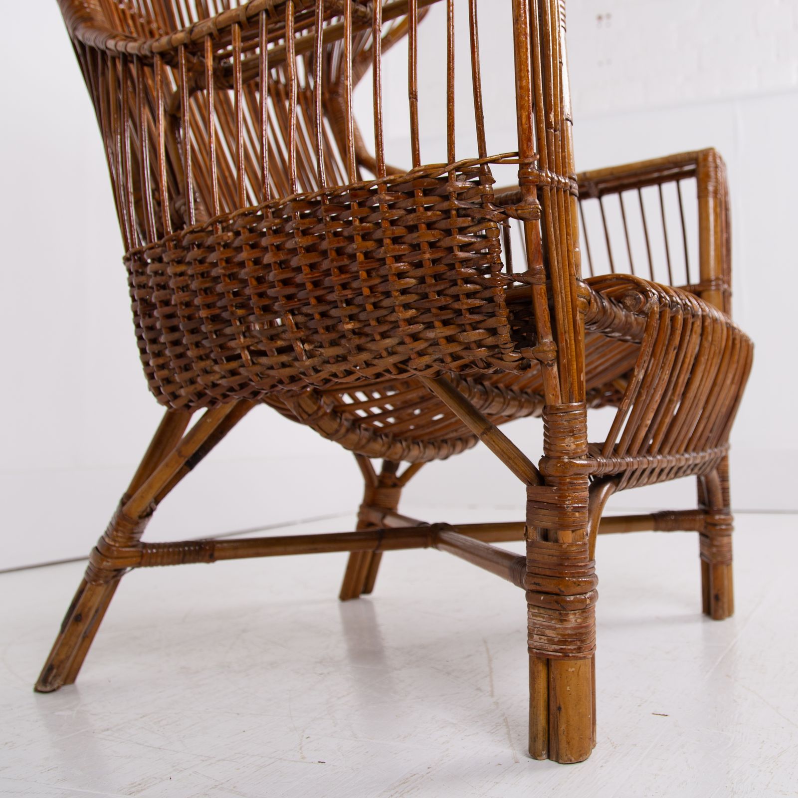 Pair Mid Century Italian Wicker & Bamboo Wingback Armchairs Fratelli Castano Milan C1970 photo 1075.0