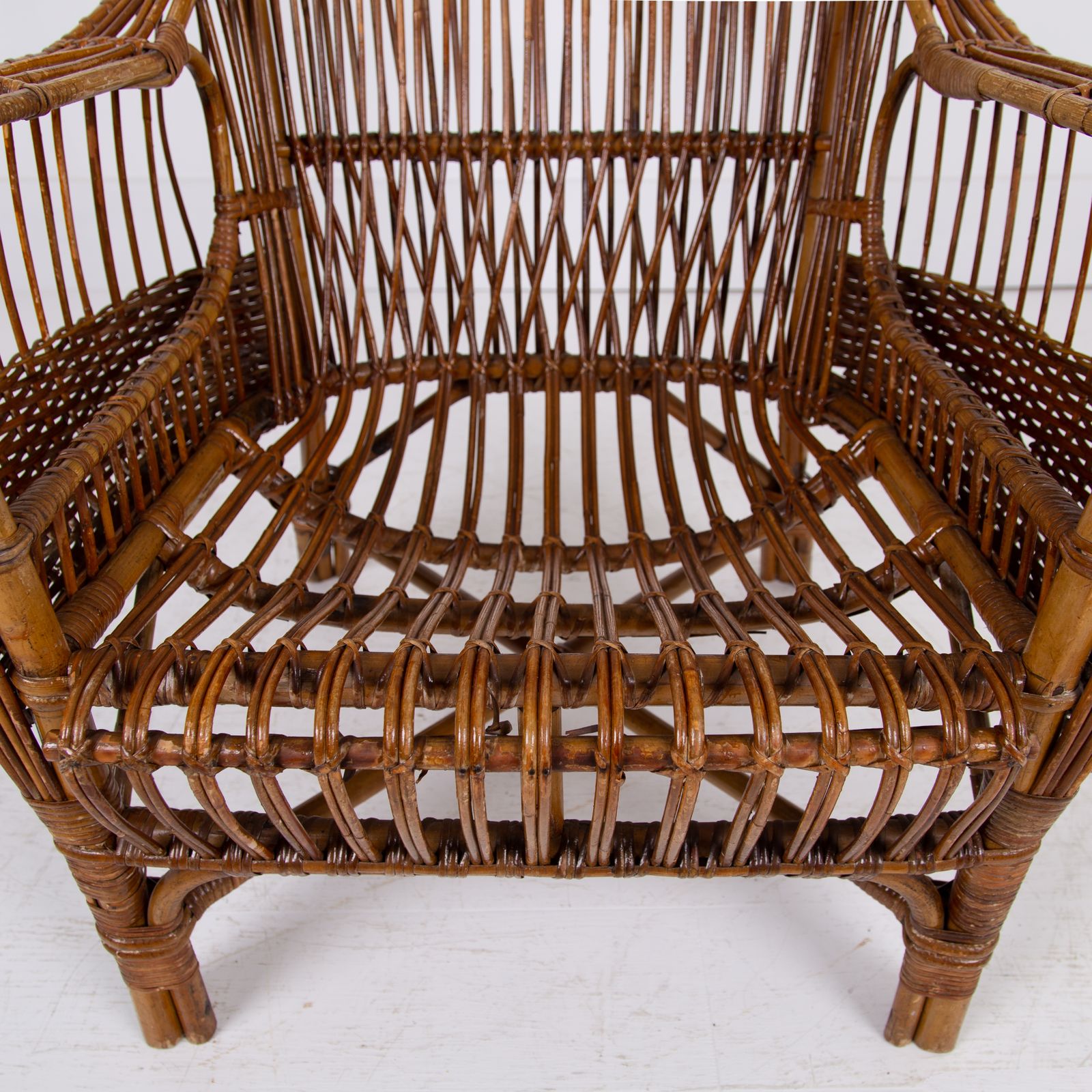 Pair Mid Century Italian Wicker & Bamboo Wingback Armchairs Fratelli Castano Milan C1970 photo vinterior