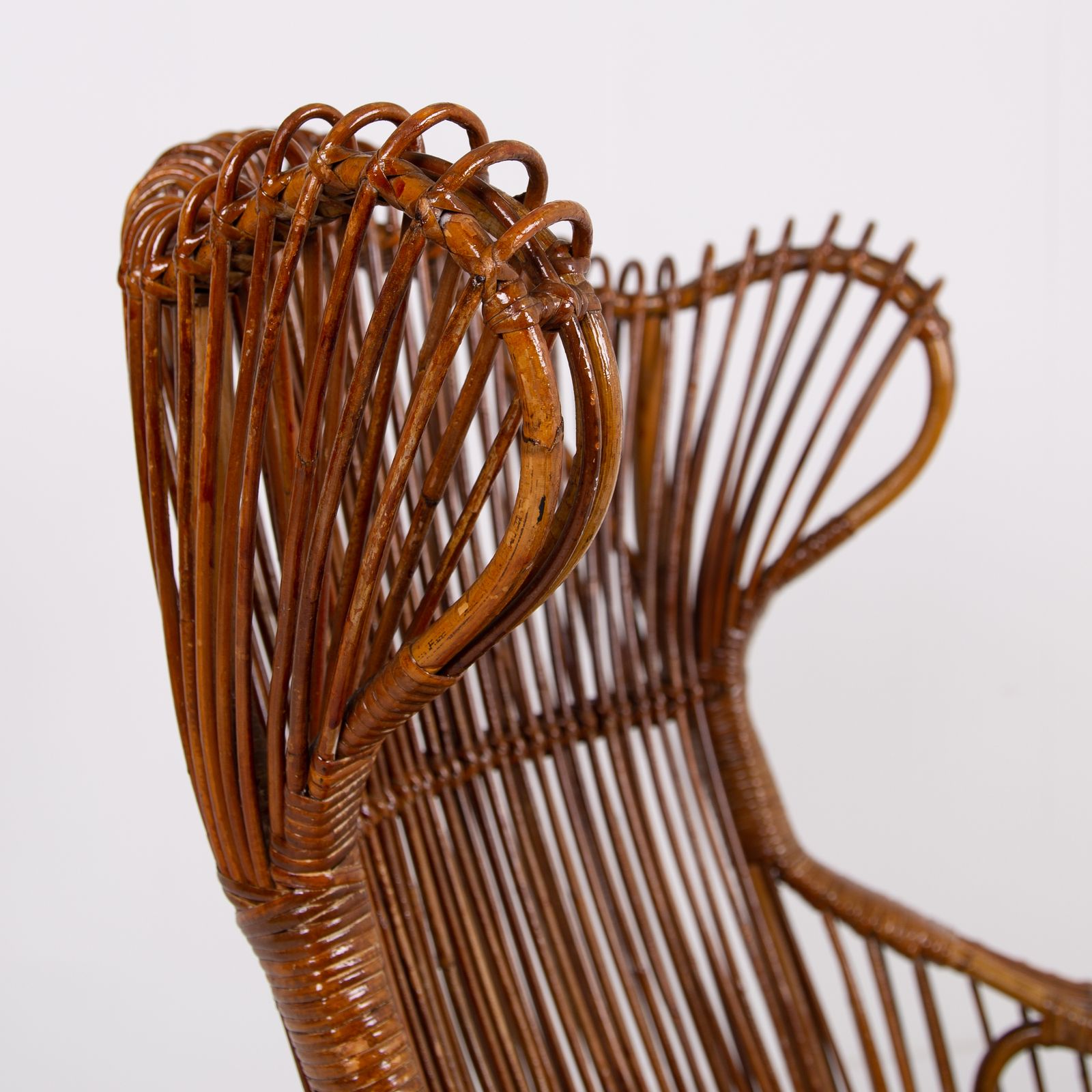 photo furniture Pair Mid Century Italian Wicker & Bamboo Wingback Armchairs Fratelli Castano Milan C1970