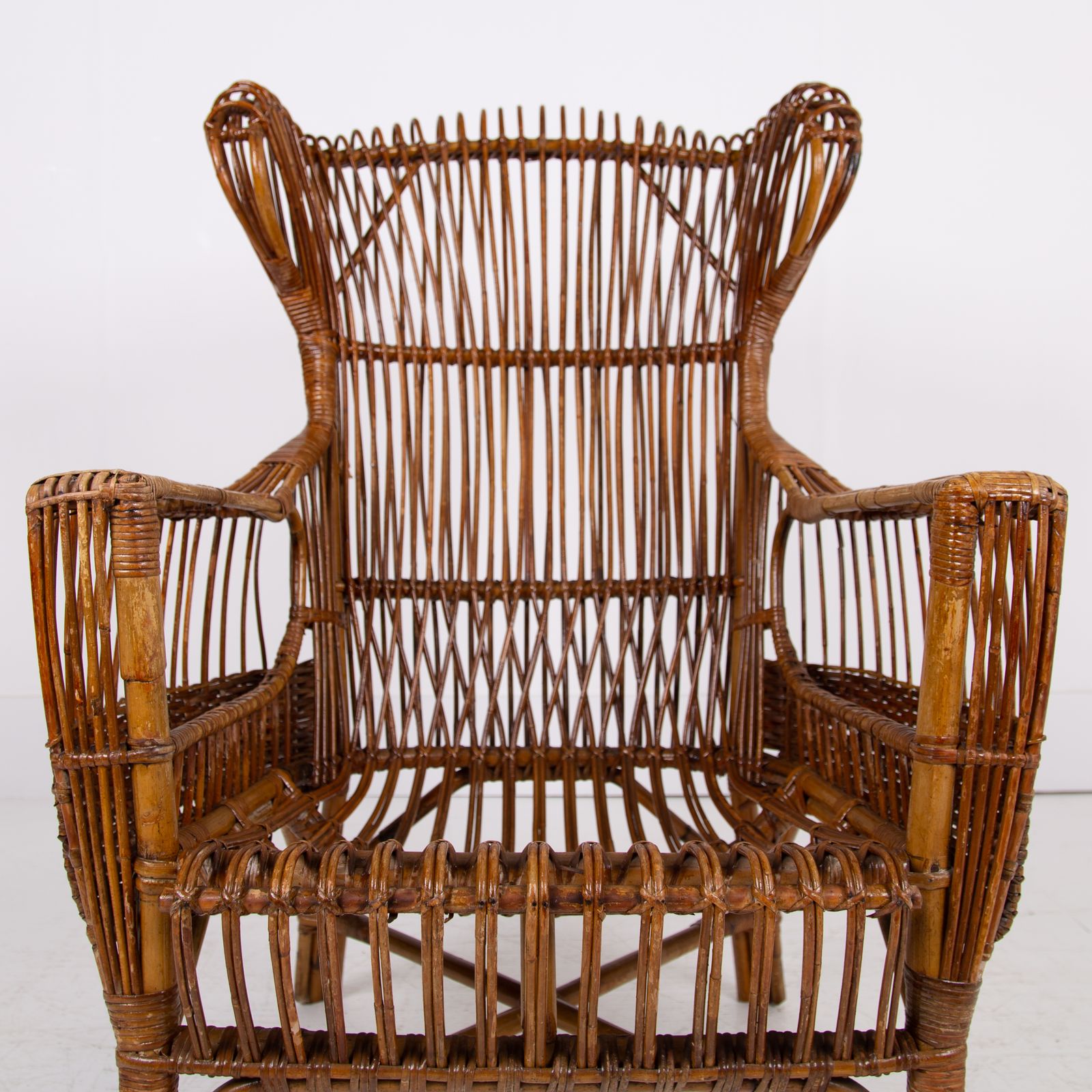 photo for sale Pair Mid Century Italian Wicker & Bamboo Wingback Armchairs Fratelli Castano Milan C1970