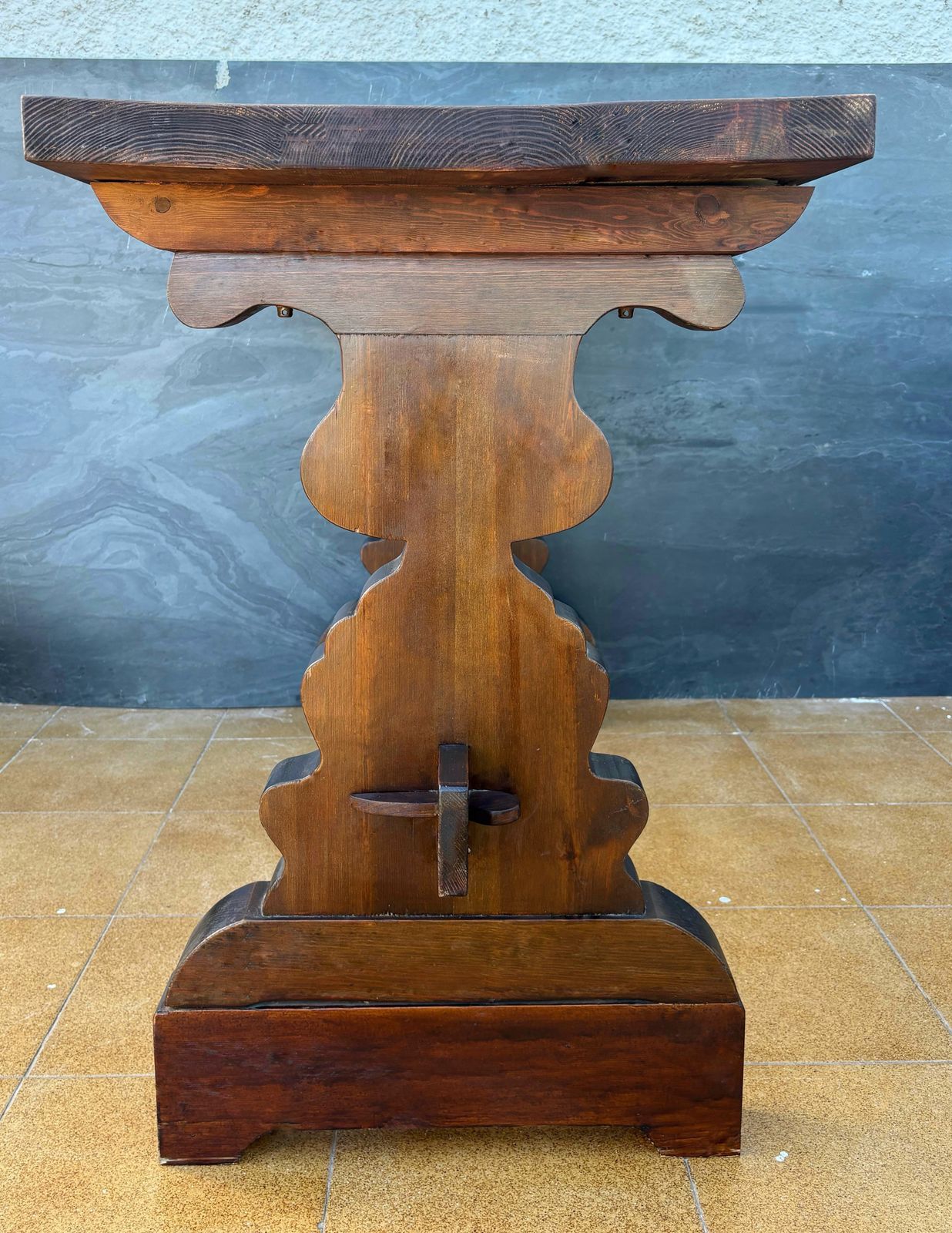 Spanish Rustic Trestle Console Table With Carved Pedestal Supports, 1940s photo furniture