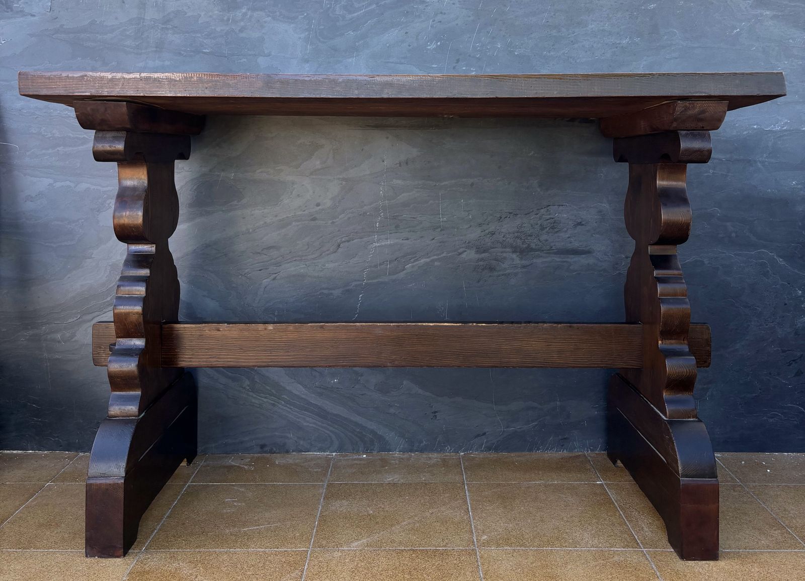Spanish Rustic Trestle Console Table With Carved Pedestal Supports, 1940s photo vintage