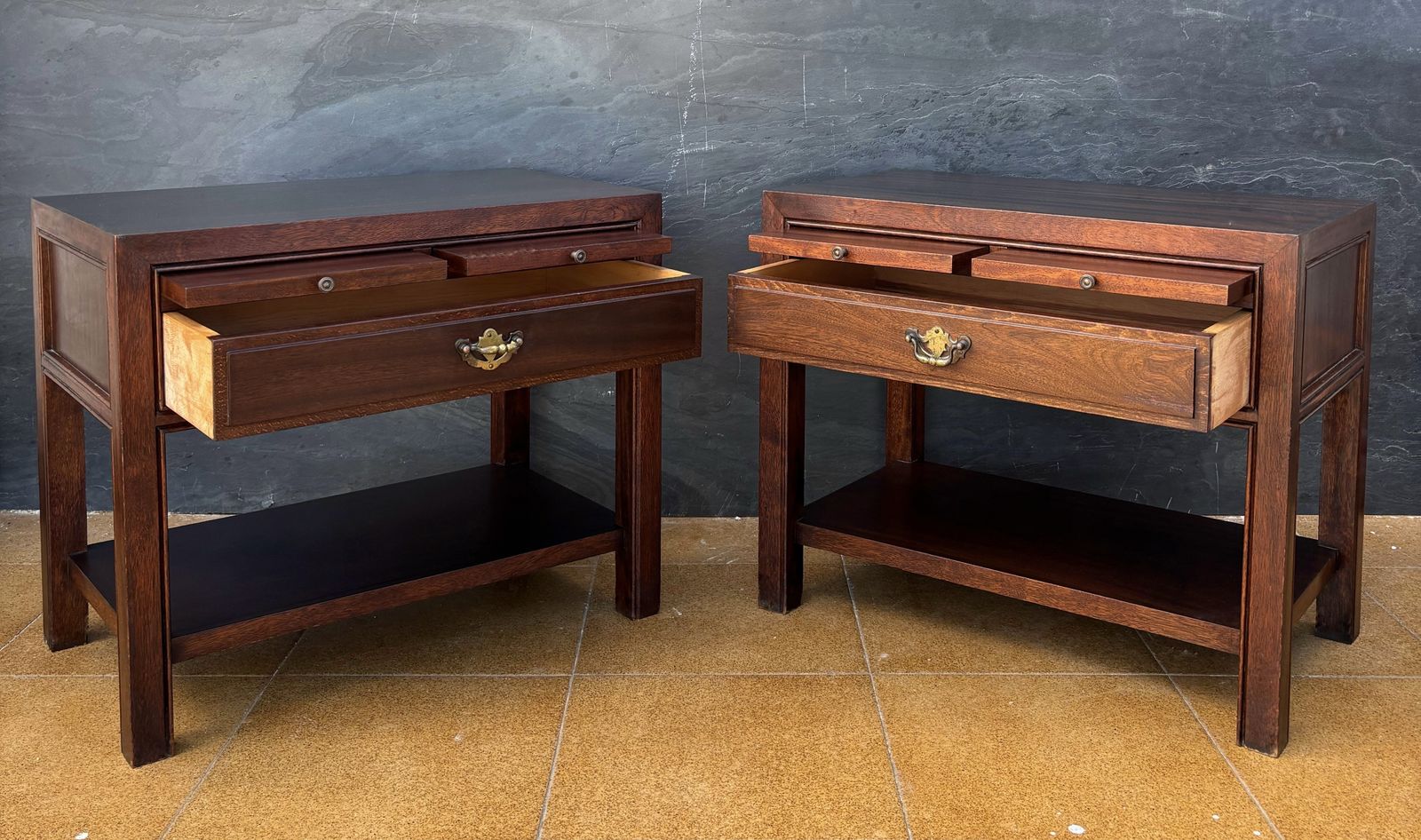 Pair Of Spanish Neoclassical Style Nightstands With Drawer And Lower Shelf, 1950 photo vintage