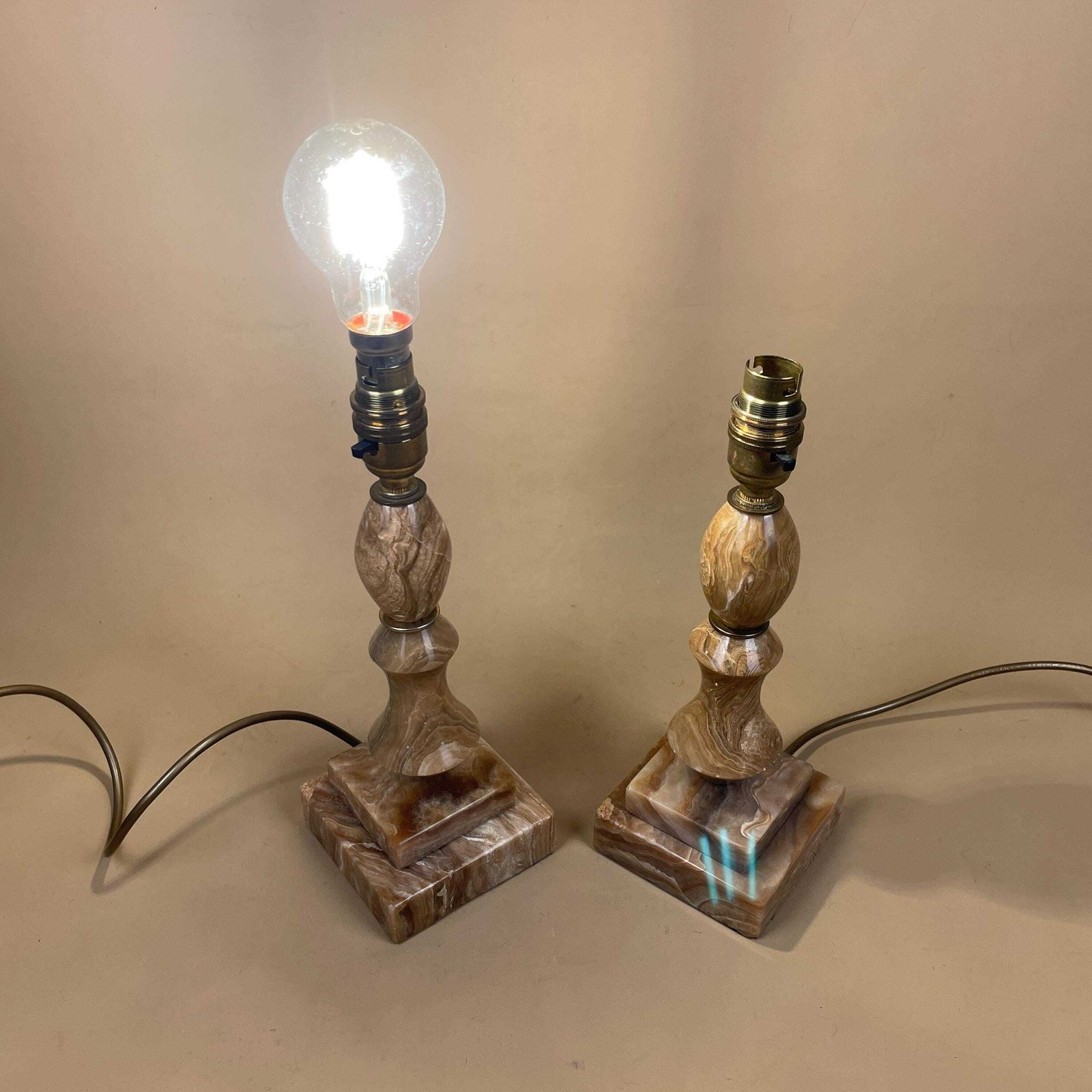 photo buy Pair Of 2 Antique Onyx Marble Brass Metal Gold Lamp Light Bedside Side Table Desk Marbled Patterned Vintage Pattern Stone Brown Bedside Set