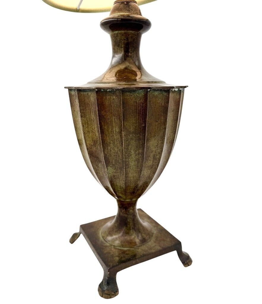 A Pair Of 1970s Classical Cast Bronze Lamps With Verdigris Finish And Paw Feet photo for sale