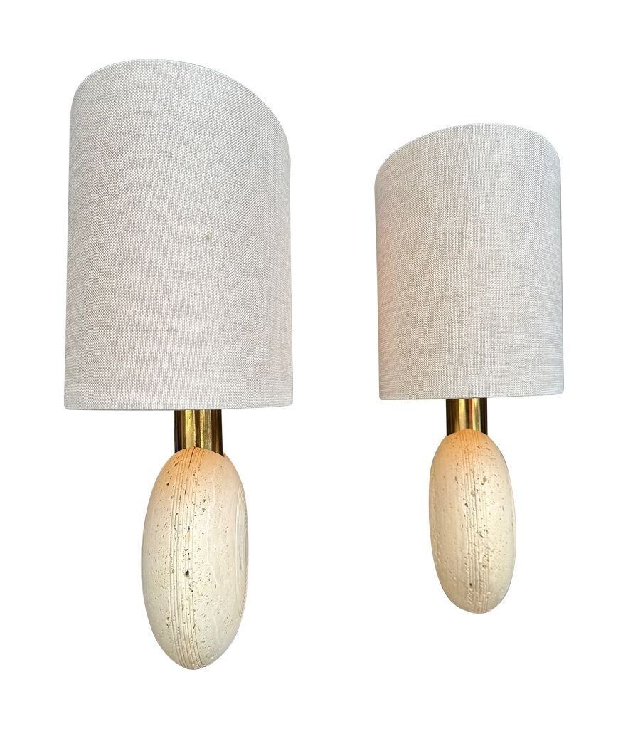 Lighting A Pair Of Circular Italian 1970s Travertine And Brass Lamps By Frattelli Manelli photo