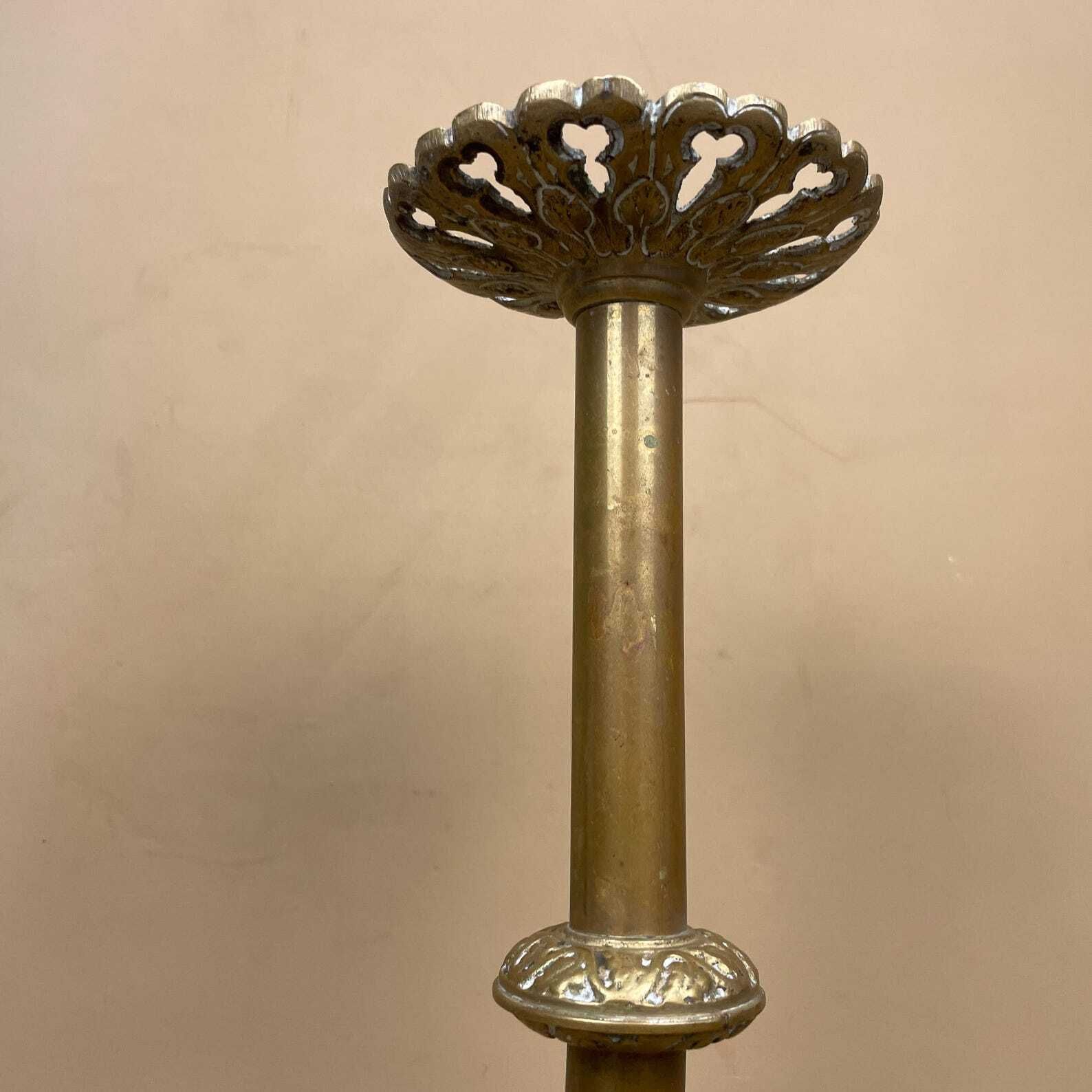 French Gold Brass Candlestick Holder Large Ornate Church Style Rococo C.1960's Table Centrepiece Decorative Floral Centre Display photo vinterior