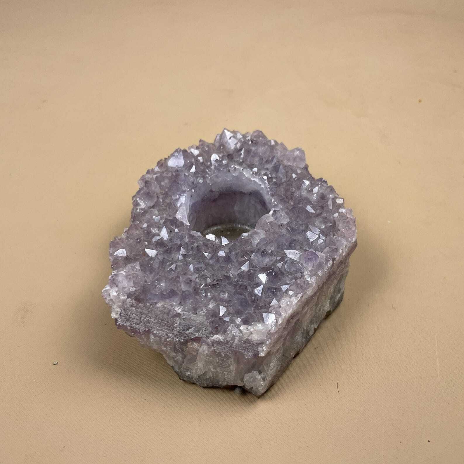 photo for sale Amethyst Crystal Tea Light Candle Holder Purple Cluster Incense Burner Natural Rock Candlestick Holder Home Interior Decor