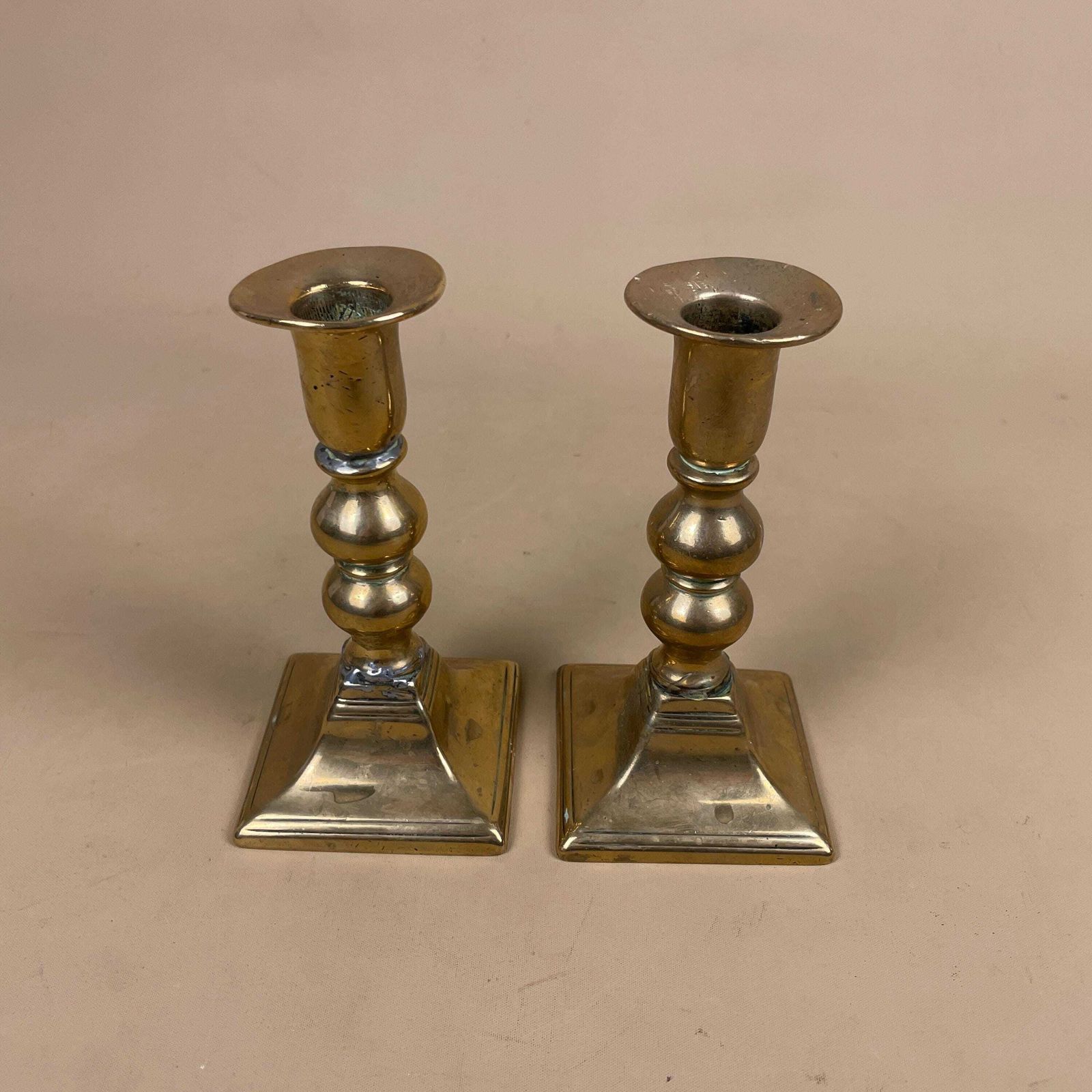 Antique Brass Candlestick Holders Gold Metal Candles Dinner Table Decor Square Base Ornate Matching Pair Set Bobbin Column photo furniture