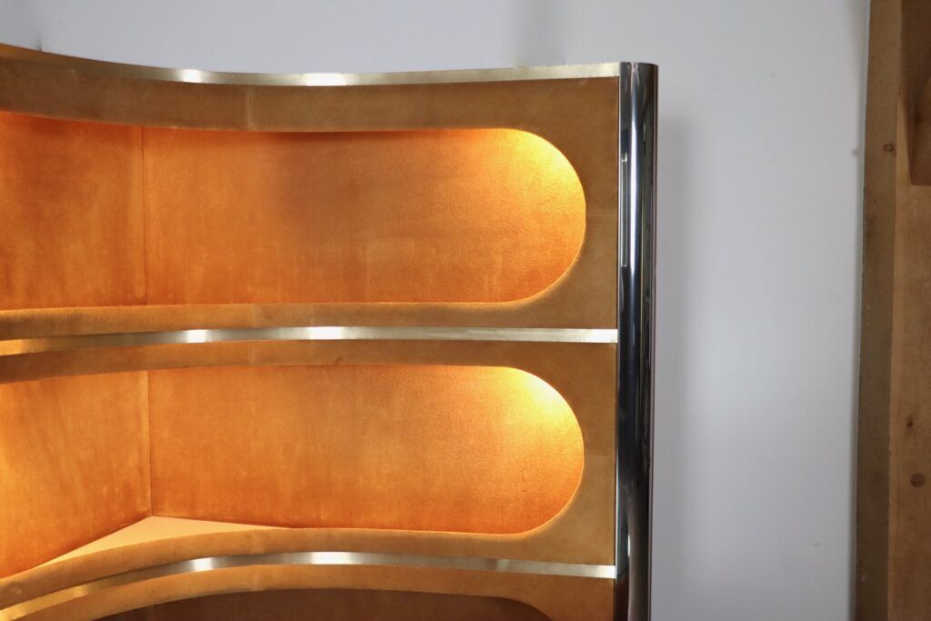 Suede And Chrome Dry Bar With Barstools In Cognac By Willy Rizzo, Italy 1970s photo vintage