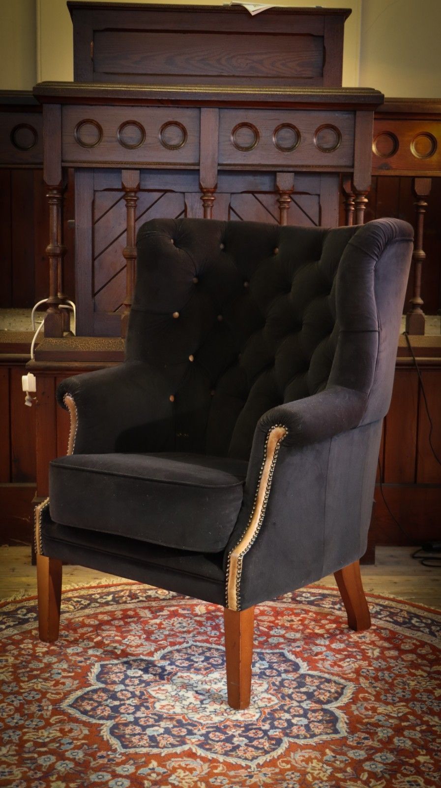 Tetrad Mackenzie Wingback Club Armchair Oscar Charcoal Velvet Saddle Tan Leather photo vintage