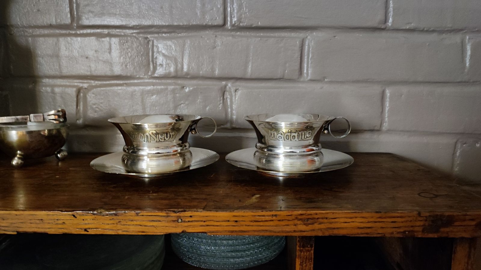 photo vinterior Antique French Silver Plated Madame & Monsieur Tea Cup Set