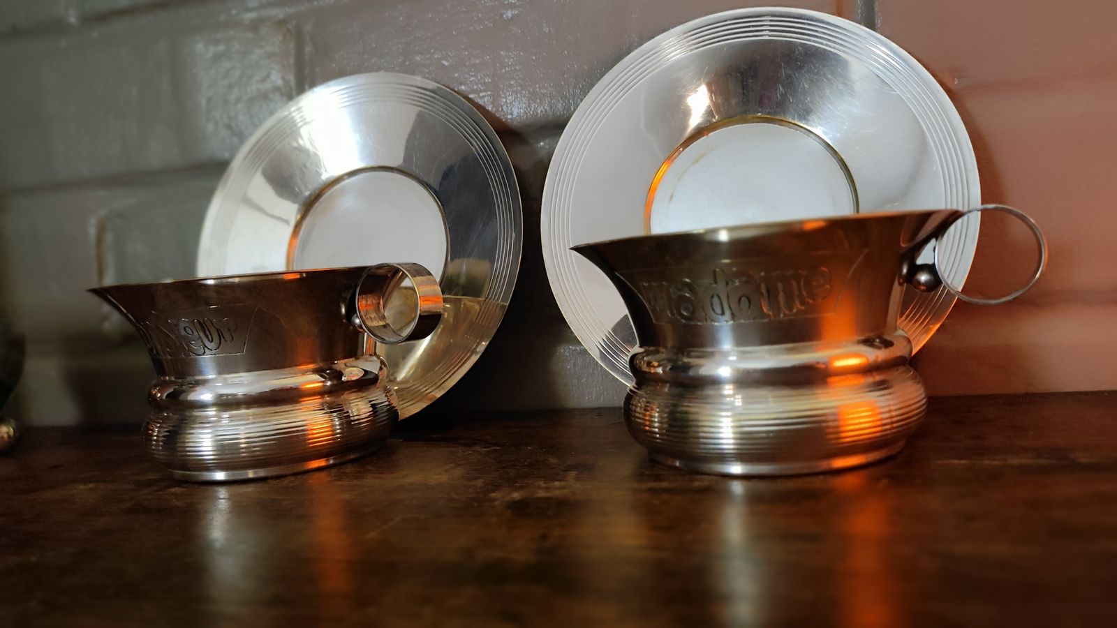 photo buy Antique French Silver Plated Madame & Monsieur Tea Cup Set