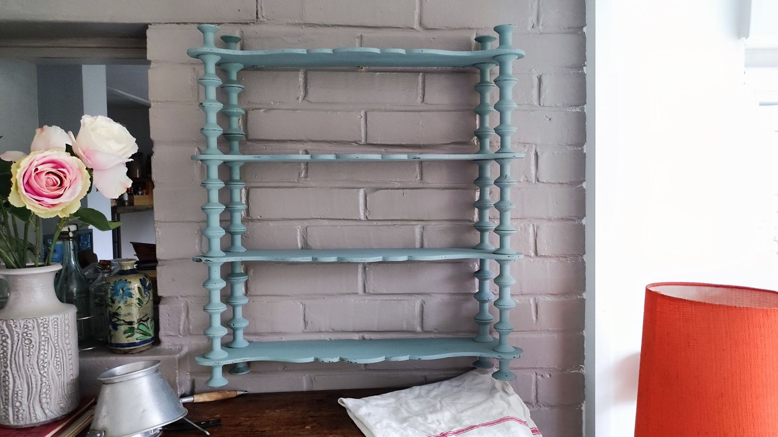 397.0 French Antique Folk Art Spindle Wall Shelf Wooden Bobbin Wall Shelving Unit Light Blue photo