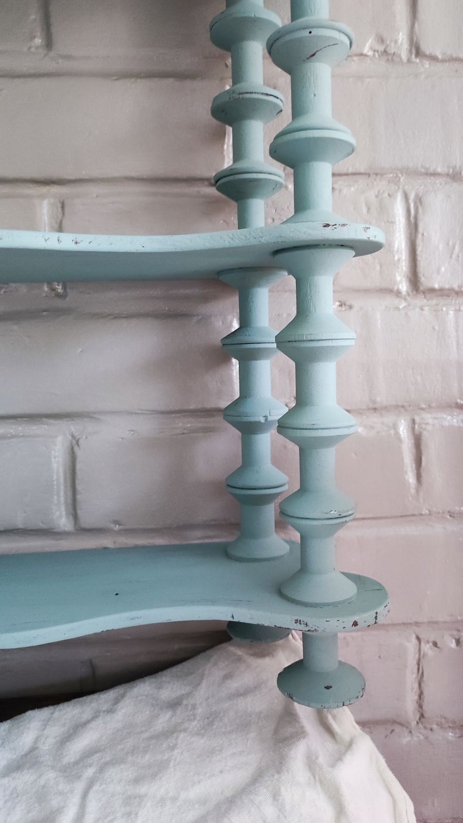 photo buy French Antique Folk Art Spindle Wall Shelf Wooden Bobbin Wall Shelving Unit Light Blue