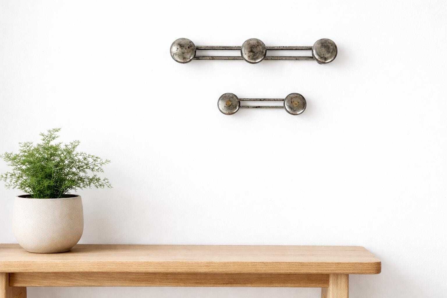 Pair Of French Steel Coat Racks 1950s Industrial Wall Hooks With Round Heads photo furniture