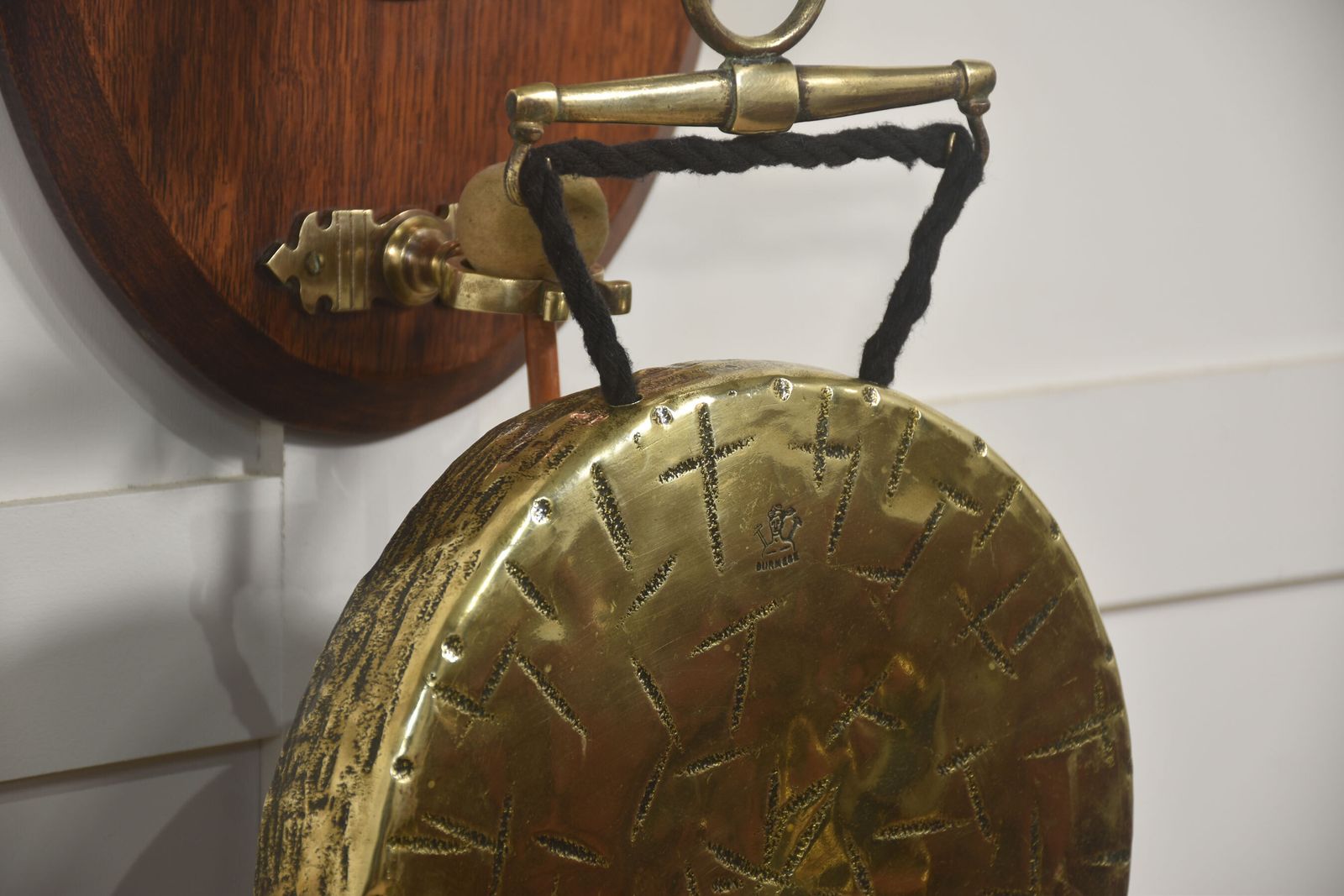 Wall Hanging Oak Dinner Gong With Brass Horse Head Mount photo for sale