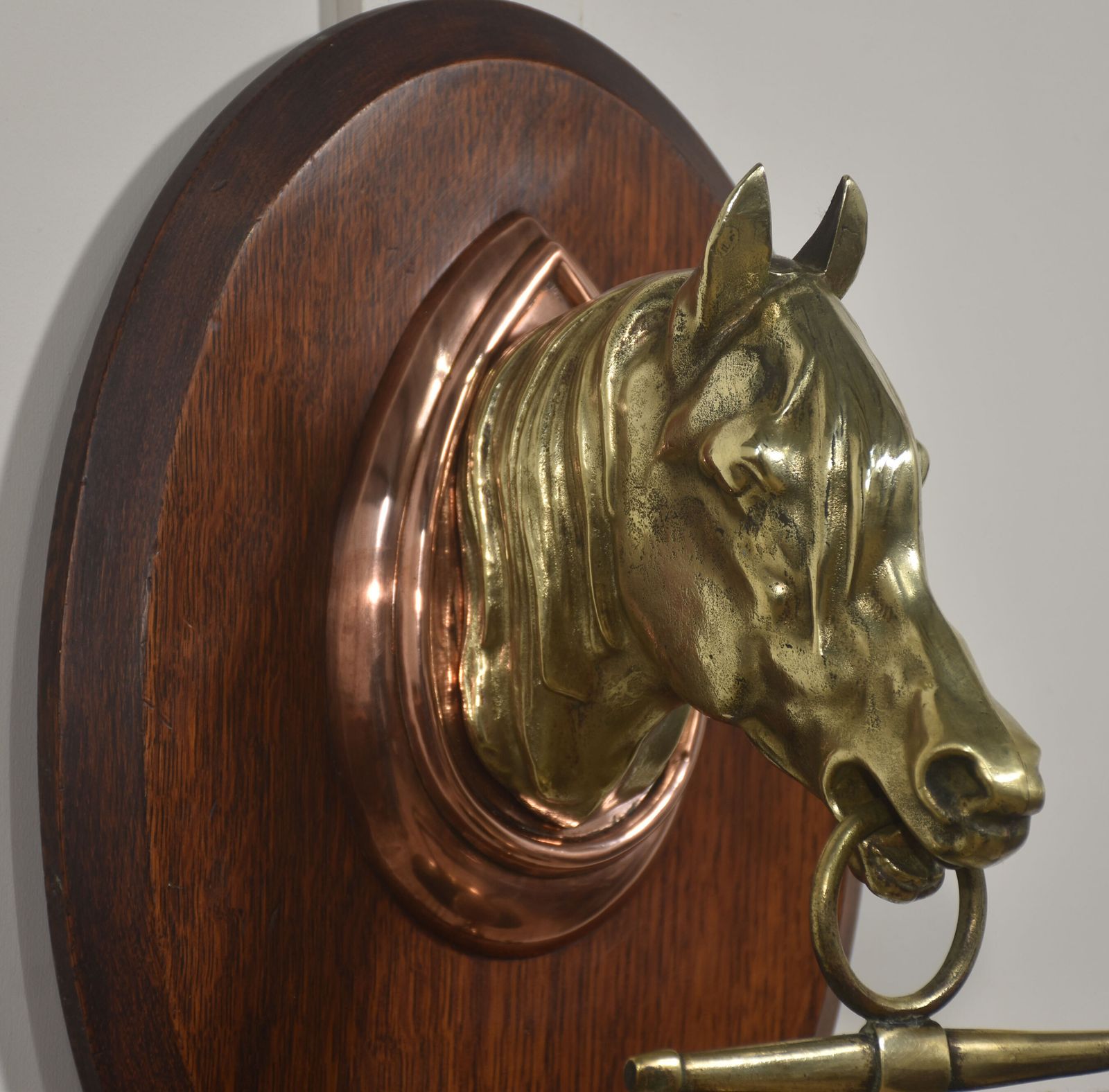 Wall Hanging Oak Dinner Gong With Brass Horse Head Mount photo Art