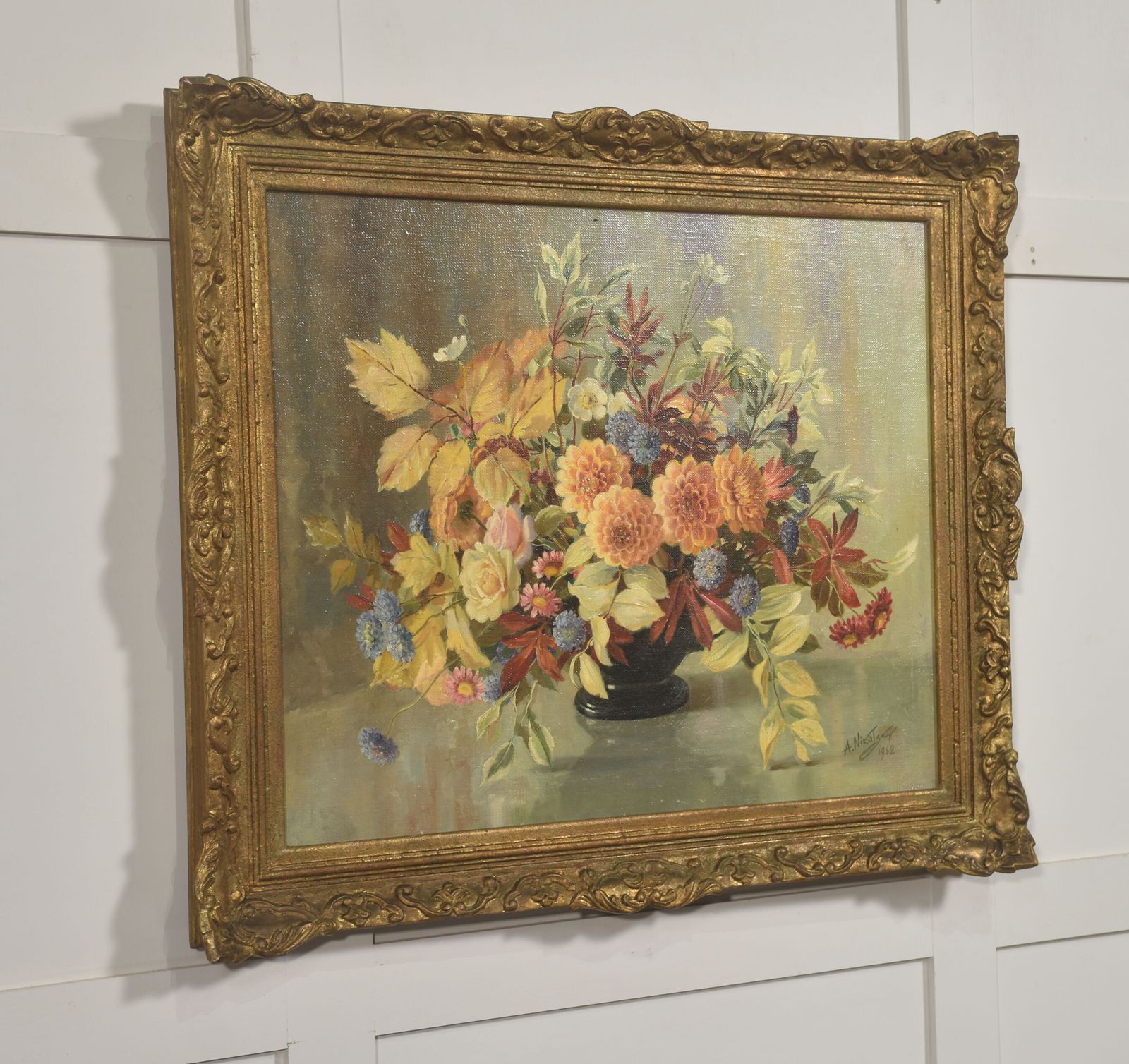 Oil On Canvas Still Life With Autumn Flowers A. Nikolokov photo for sale