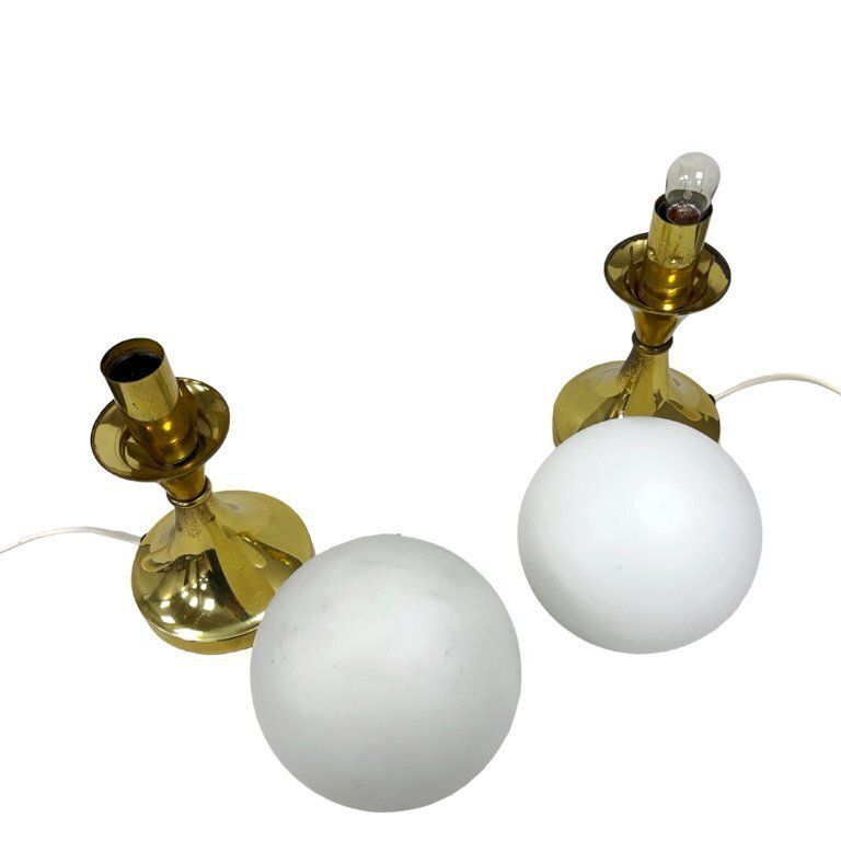Pair Of Globe Table Lamps, Aka Leuchten, Germany, 1970s, Brass And Glass photo for sale
