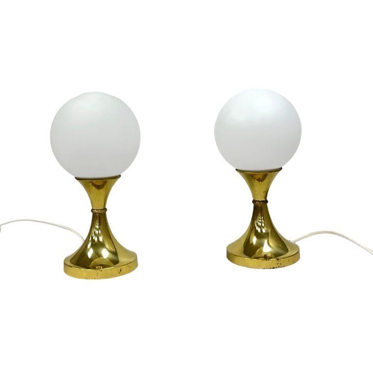 Pair Of Globe Table Lamps, Aka Leuchten, Germany, 1970s, Brass And Glass photo buy