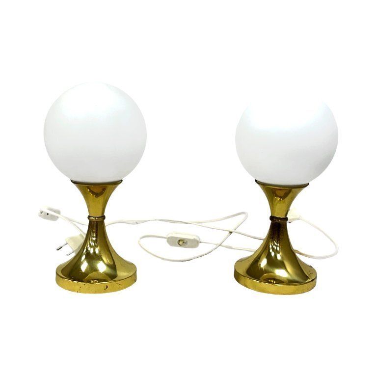 Lighting Pair Of Globe Table Lamps, Aka Leuchten, Germany, 1970s, Brass And Glass photo