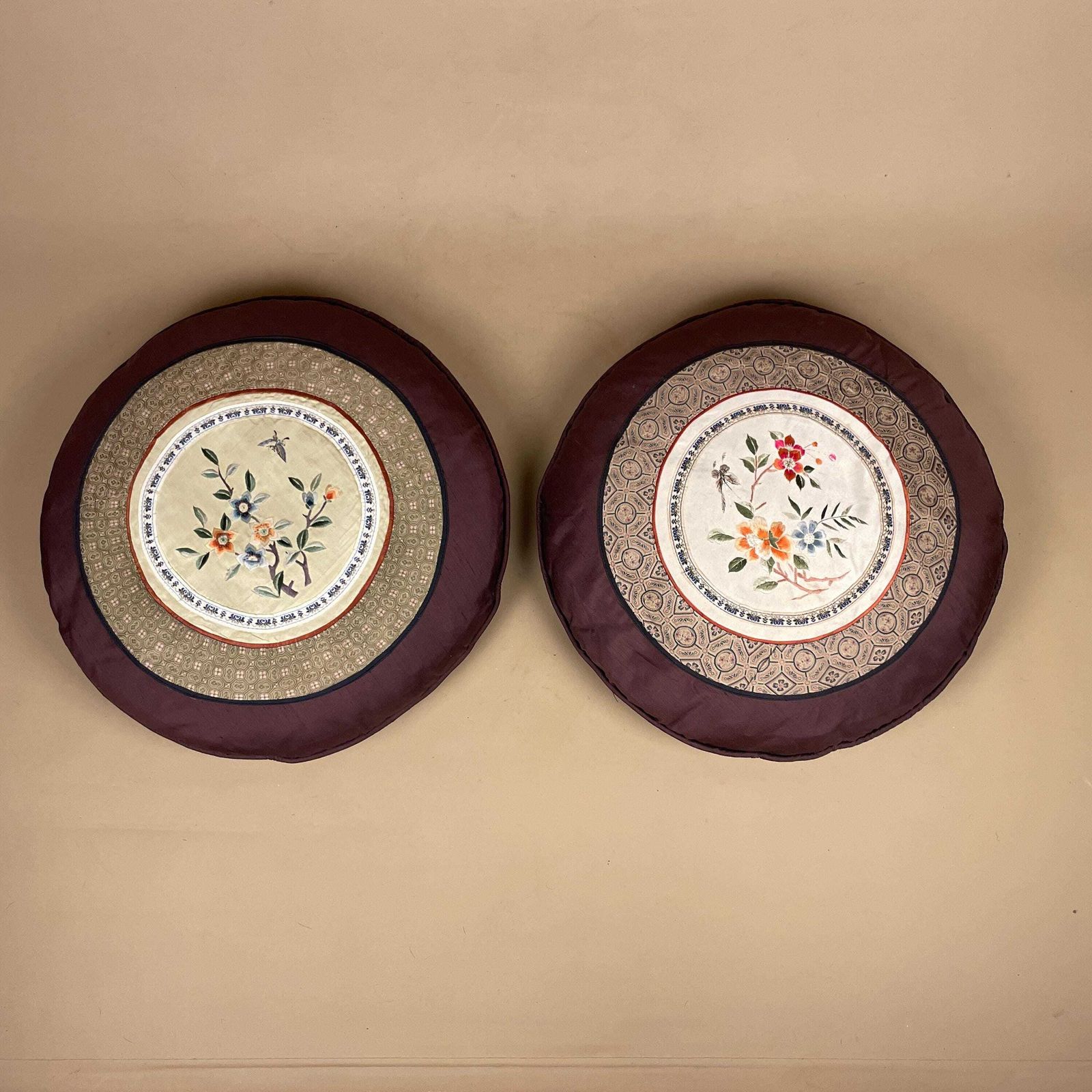 Pair Of Antique Oriental Cushion Circle Silk Scatter Pillow Feather Filled Patterned 35cm Traditional Circular Vintage Floral Embroidered