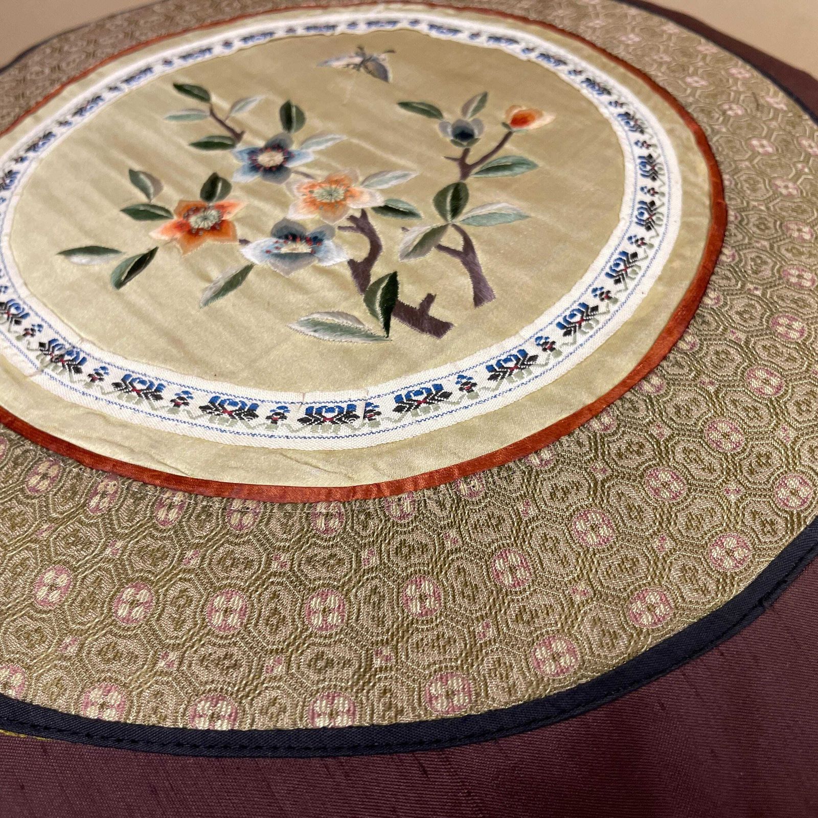 photo for sale Pair Of Antique Oriental Cushion Circle Silk Scatter Pillow Feather Filled Patterned 35cm Traditional Circular Vintage Floral Embroidered