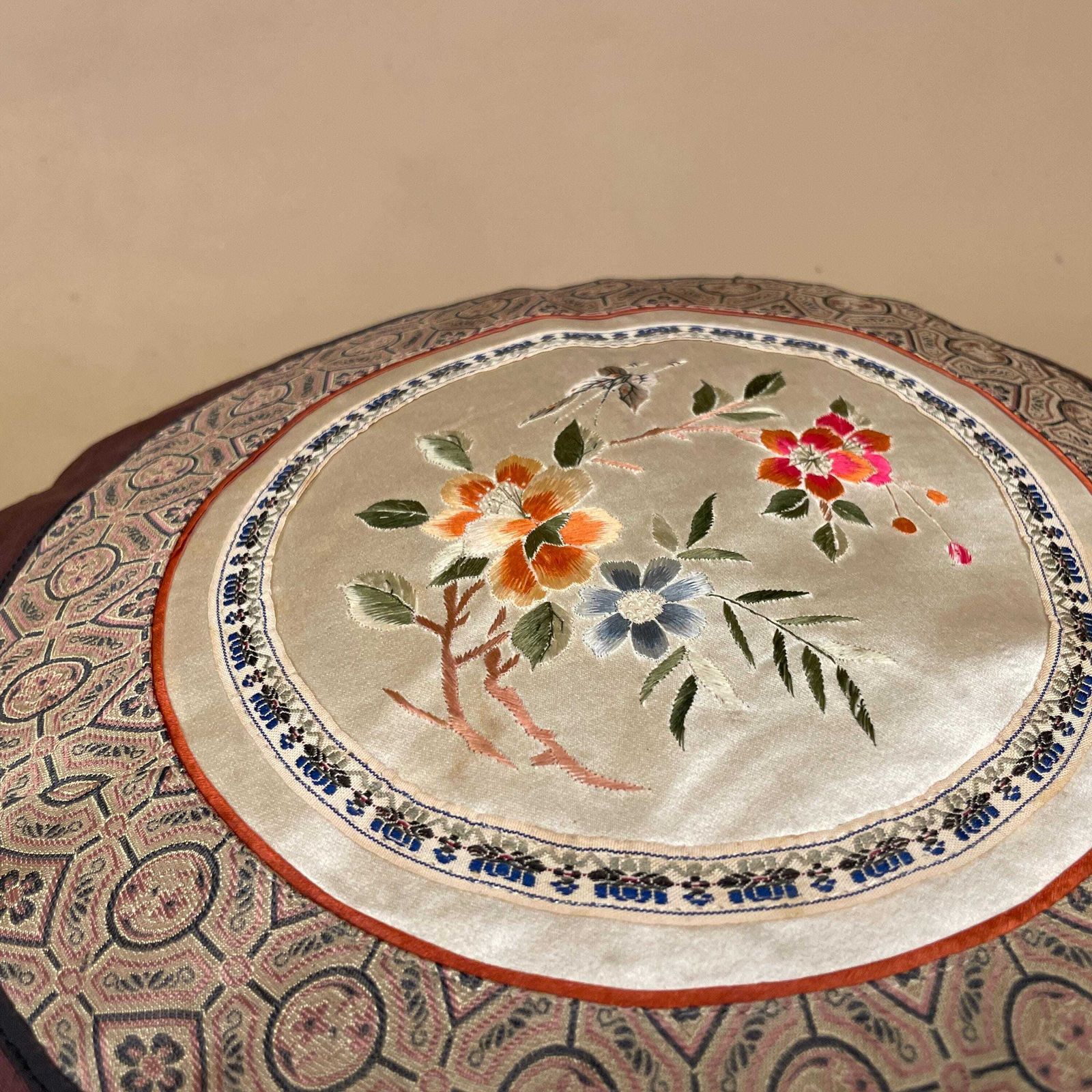 95.0 Pair Of Antique Oriental Cushion Circle Silk Scatter Pillow Feather Filled Patterned 35cm Traditional Circular Vintage Floral Embroidered photo