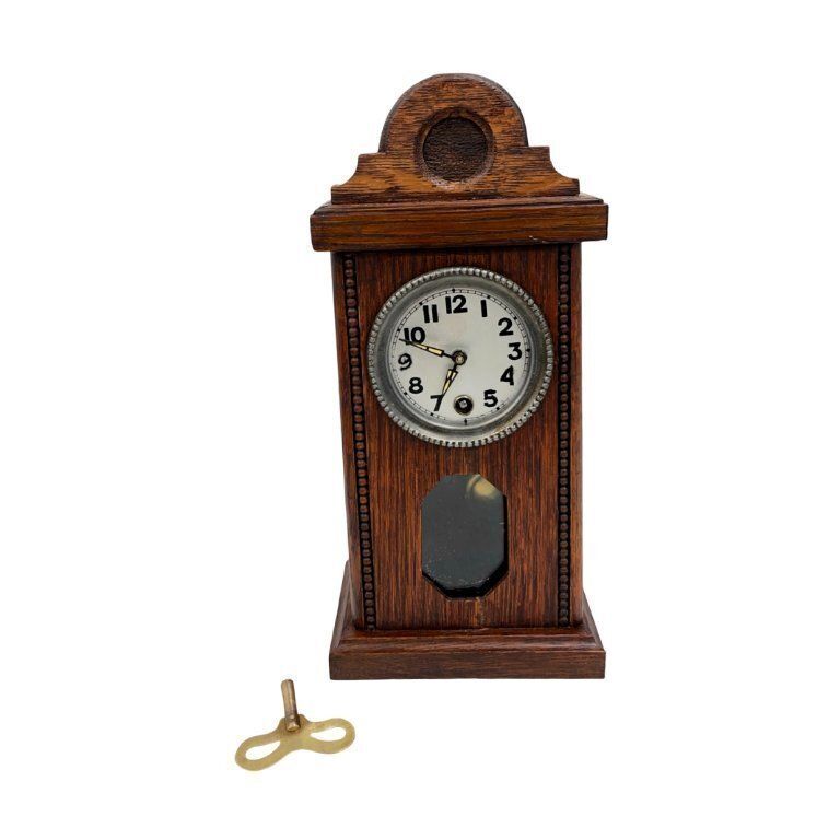 Miniature Mantel Clock   Oak Wood, Pendulum Mechanism, Germany, 1920s photo for sale