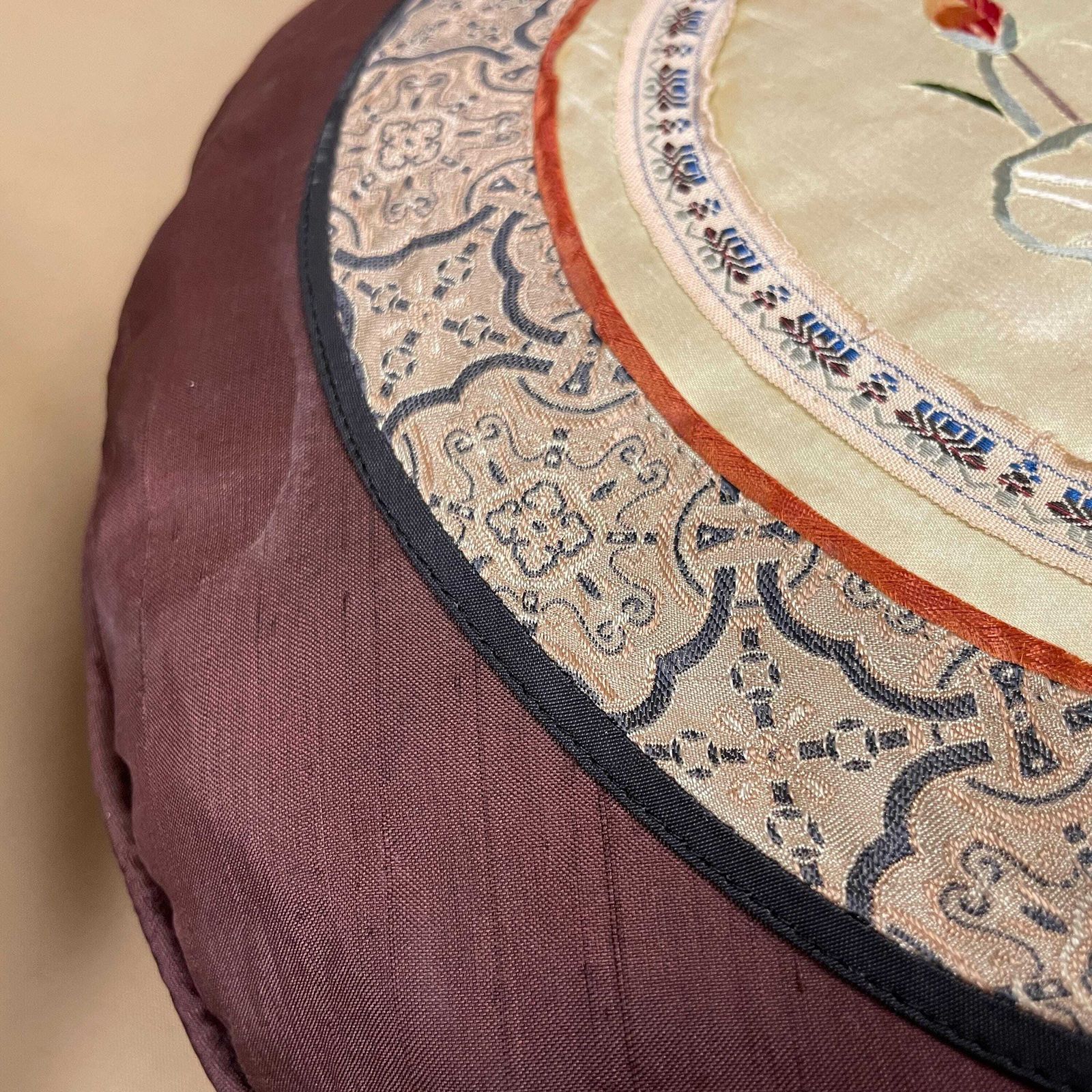 95.0 Pair Of Antique Oriental Cushion Circle Silk Scatter Pillow Feather Filled Patterned 35cm Traditional Circular Vintage Floral Embroidered photo