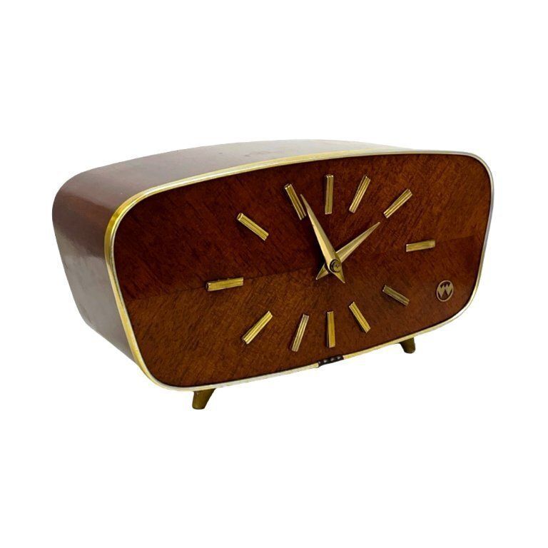Weimar Walnut Veneer Mantel Clock, 1960s, West Germany, Mid Century Modern photo vintage