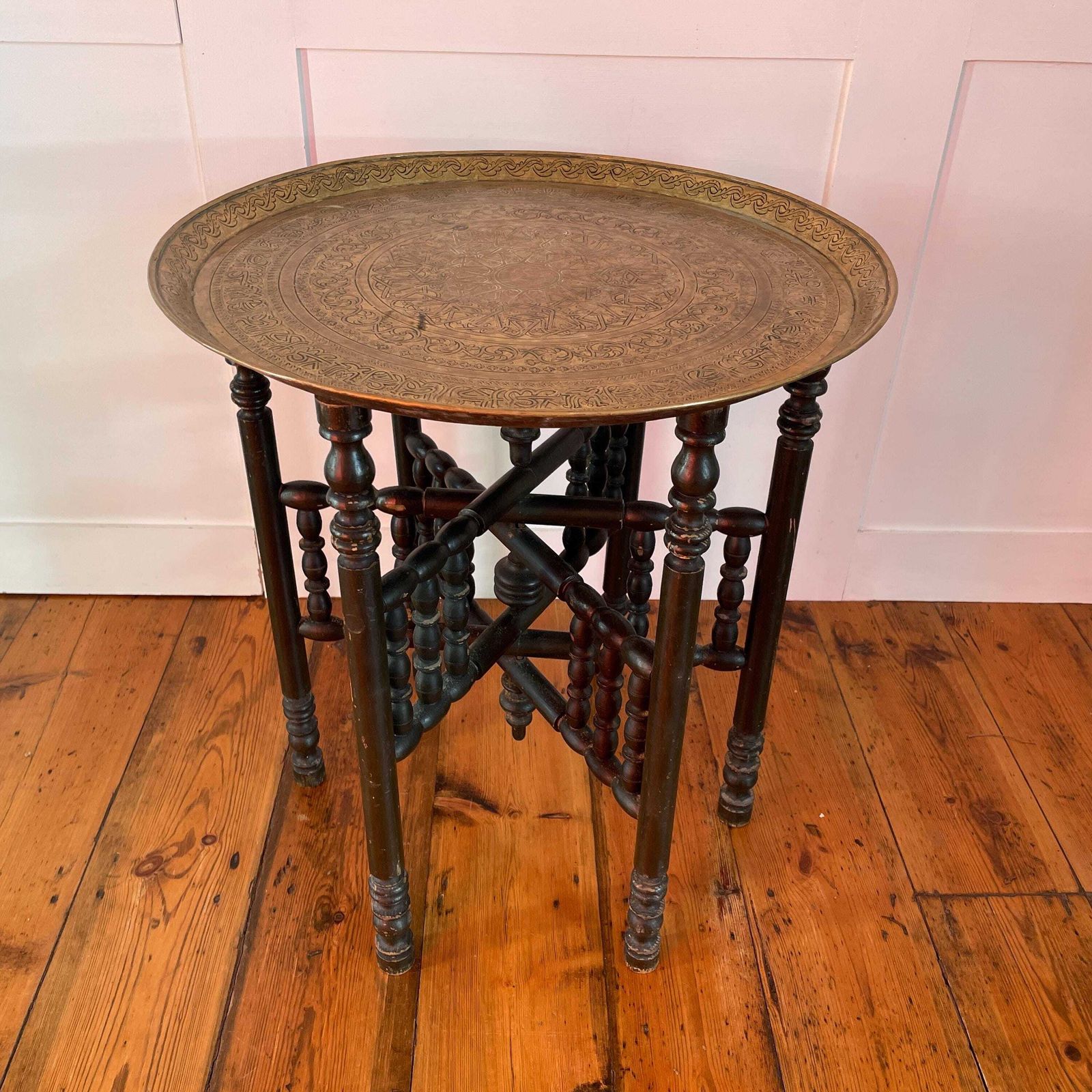 photo furniture Antique Metal Gold Brass Indian Table Fold Away Patterned Tray Asian Handmade Intricate Decorative Patterned Round Coffee Side Wood Vintage