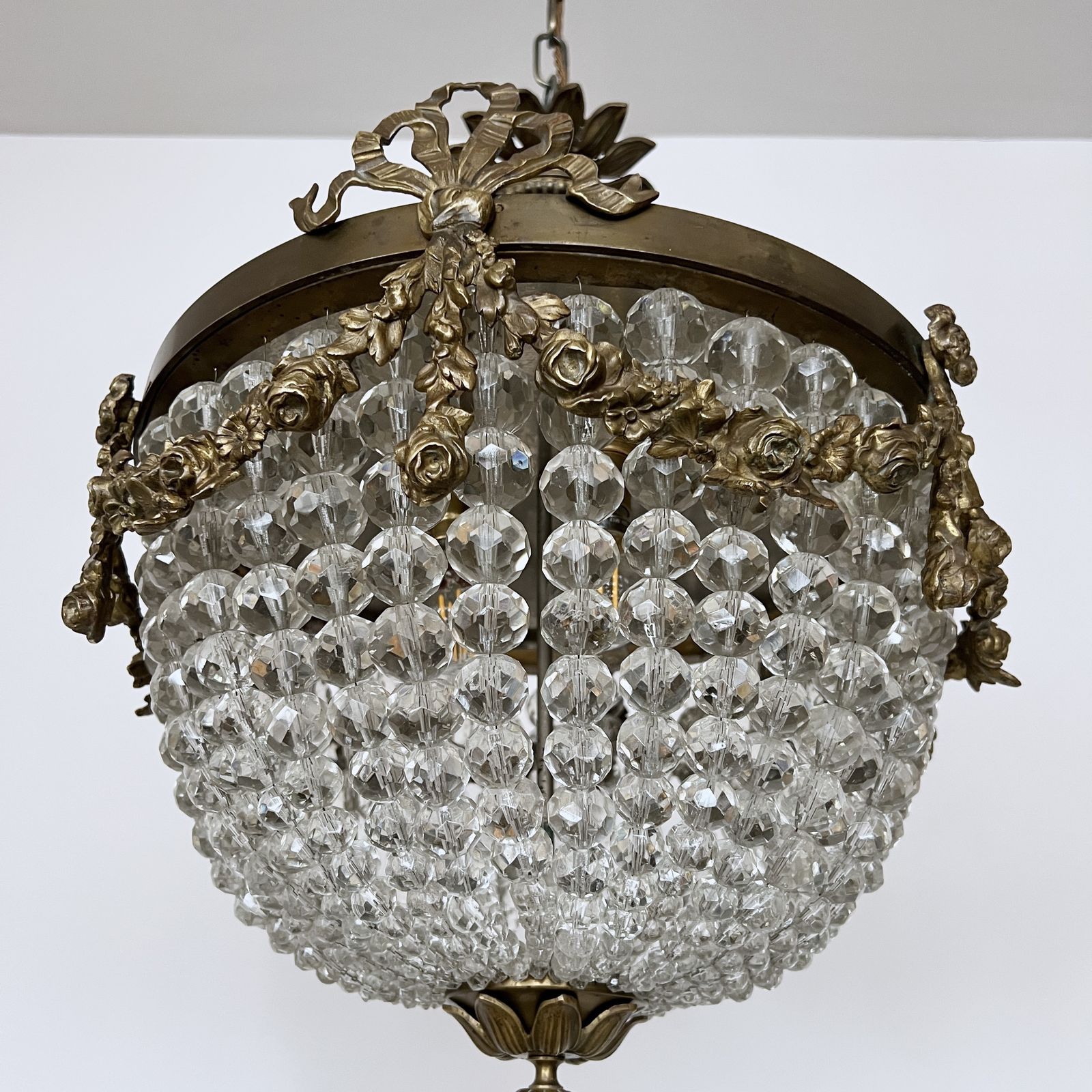 photo for sale Early 20th Century Louis XVI French Basket Chandelier With Cut Glass Beads
