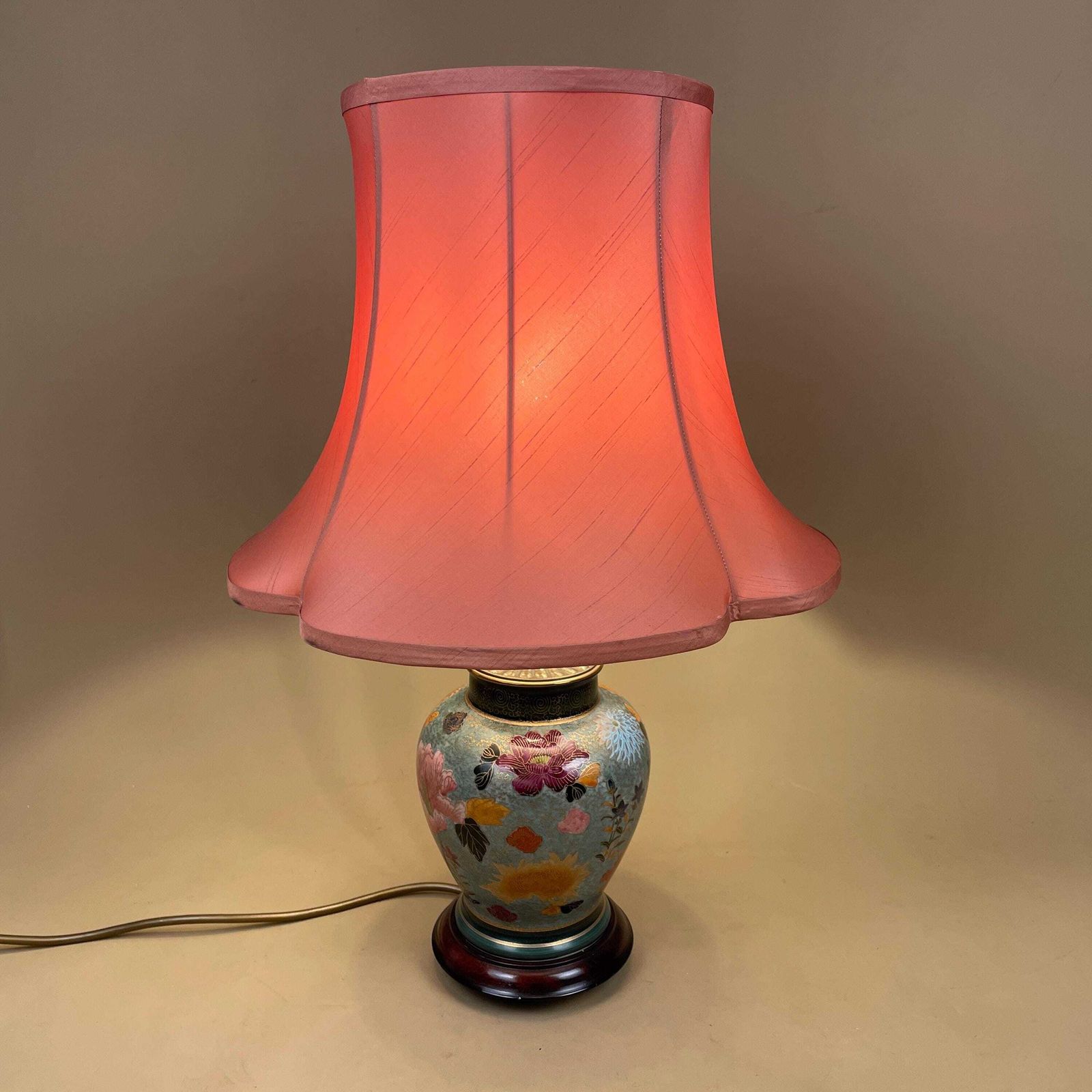 Antique Oriental Ceramic Lamp Light Bedside Table Shade Silk Lampshade Chinese Decor Porcelain Ginger Jar Vase Hand Painted Floral Wood photo for sale