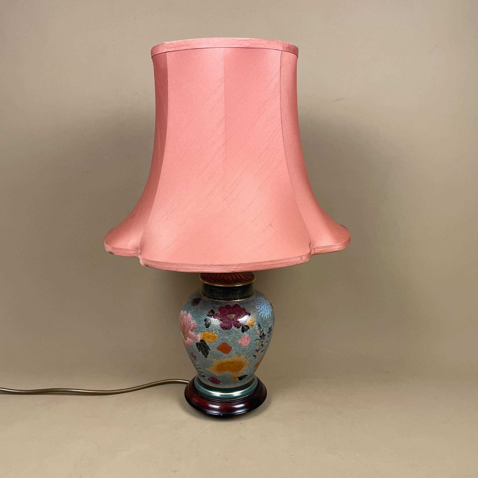 Antique Oriental Ceramic Lamp Light Bedside Table Shade Silk Lampshade Chinese Decor Porcelain Ginger Jar Vase Hand Painted Floral Wood photo 159.0