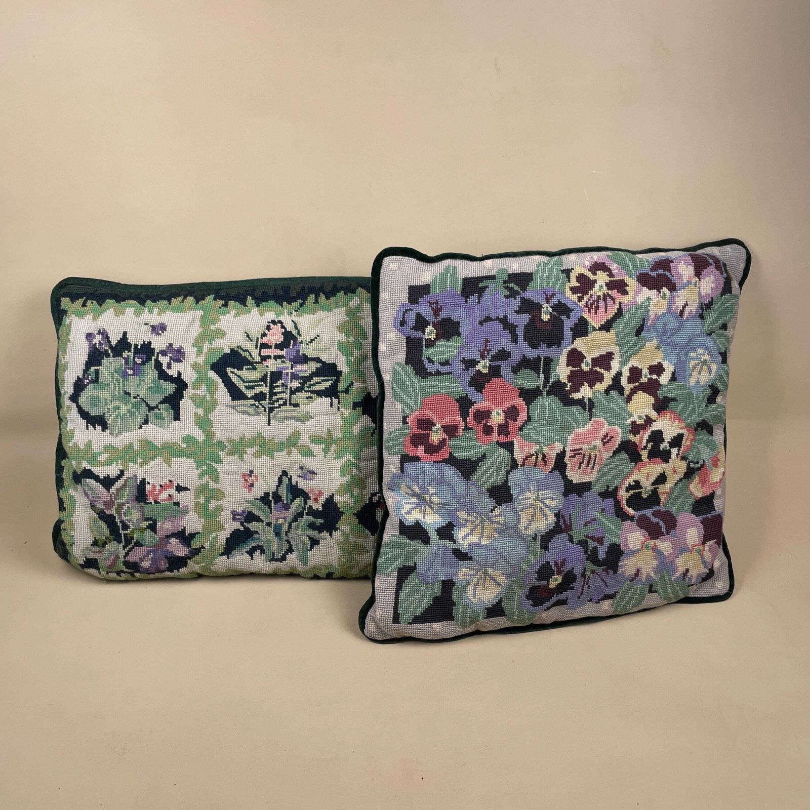 Vintage Floral Embroidered Cushions Set Of Two Velvet Trim Green Pink Beige Decorative Tapestry Needlepoint Cottage Home Decor