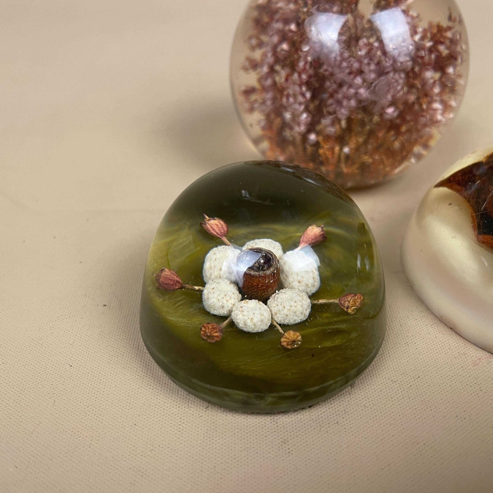 Vintage Resin Flower Paperweights Set Of 3 Clear Dome Desk Decor Mid Century Office Accessories Dried Flower Ornament Retro Home Decor photo 55.0