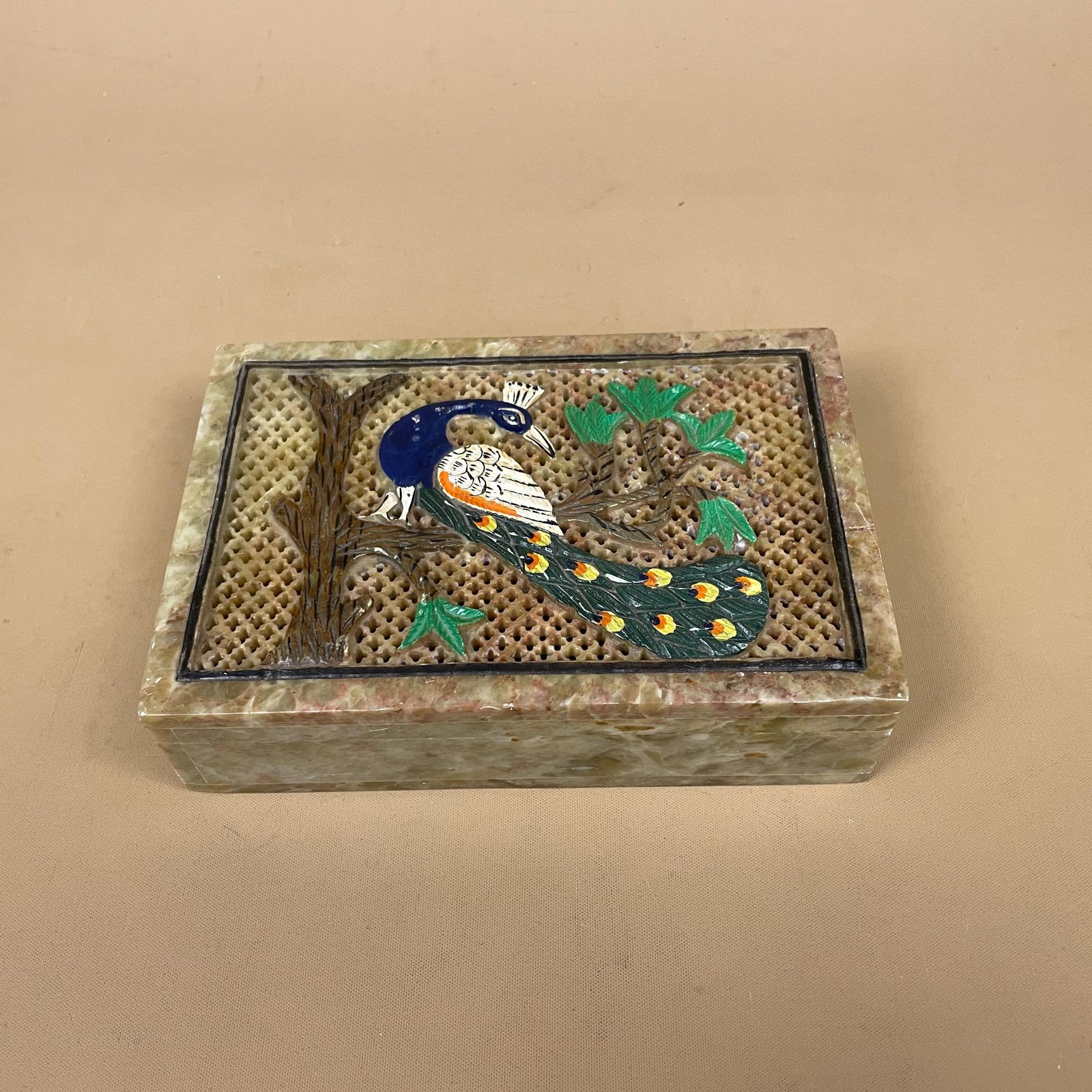Marble Peacock Trinket Box Hand Painted Indian Onyx Stone Decorative Jewellery Keepsake Box Vintage Oriental Decor Hinged Lid photo for sale