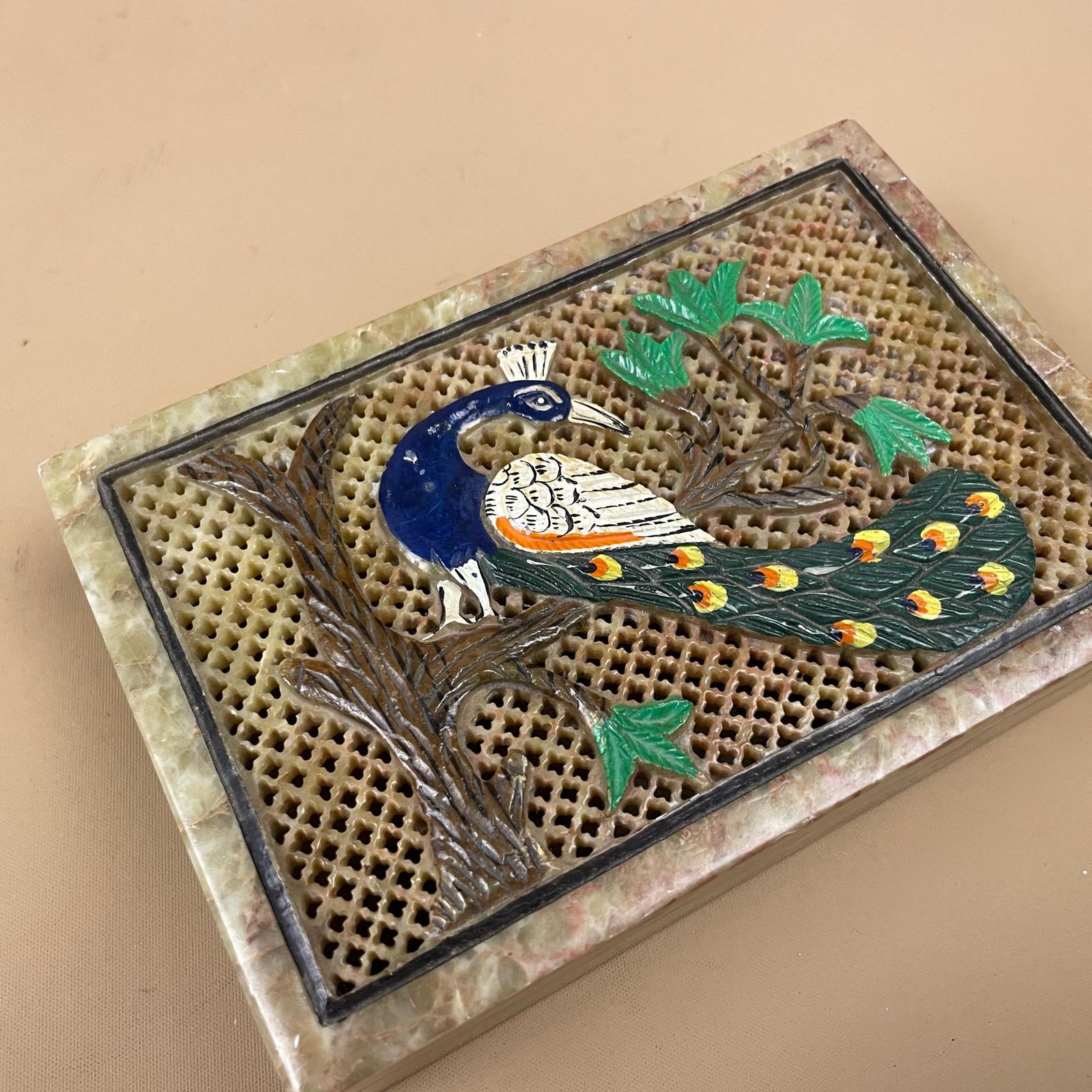 photo furniture Marble Peacock Trinket Box Hand Painted Indian Onyx Stone Decorative Jewellery Keepsake Box Vintage Oriental Decor Hinged Lid