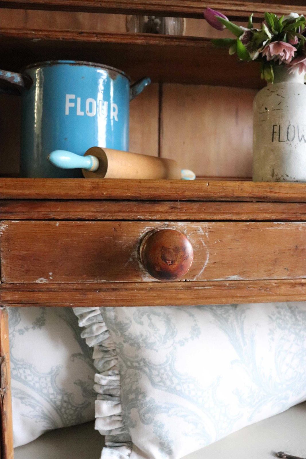 Charming Vintage Stripped Pine Farmhouse Open Dresser With Linen Painted Shelves photo vintage