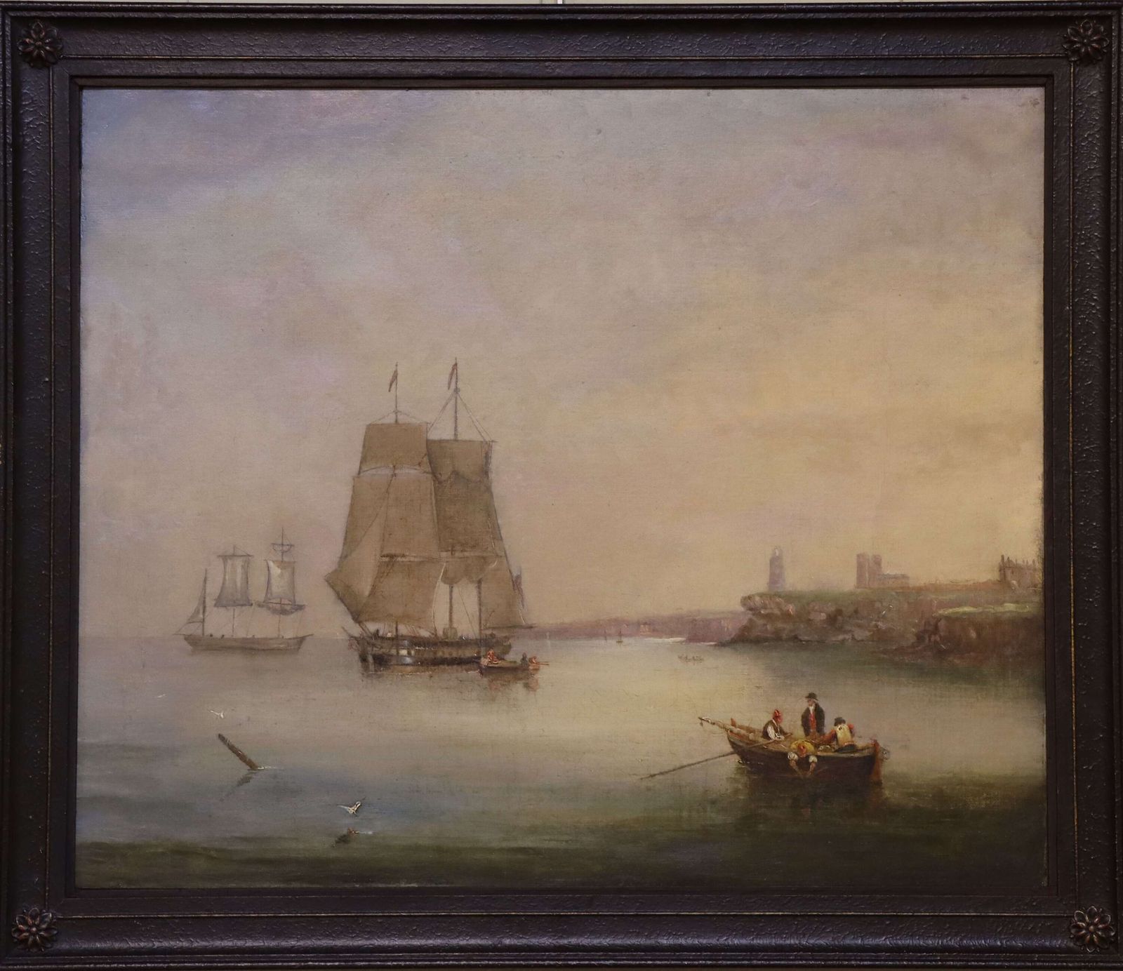 Early 19th Century Harbour Scene With Shipping And Coastal Figures, Oil On Canvas